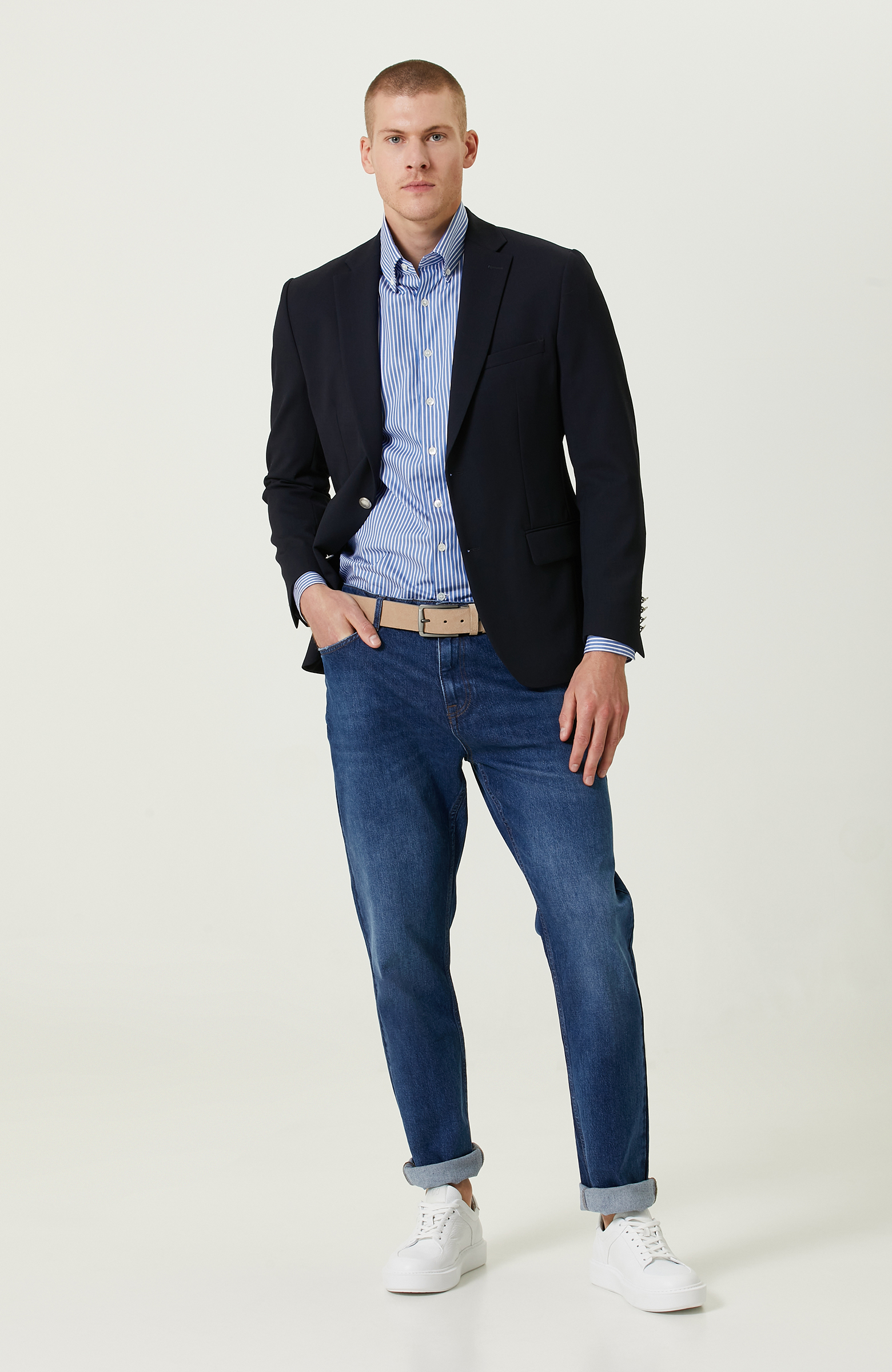 Pamuklu Mavi Beyaz Çizgili Gömlek