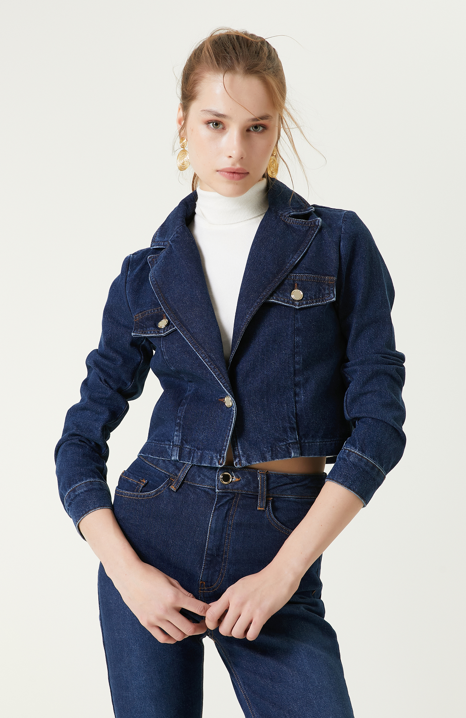 İndigo Mavi Crop Denim Ceket