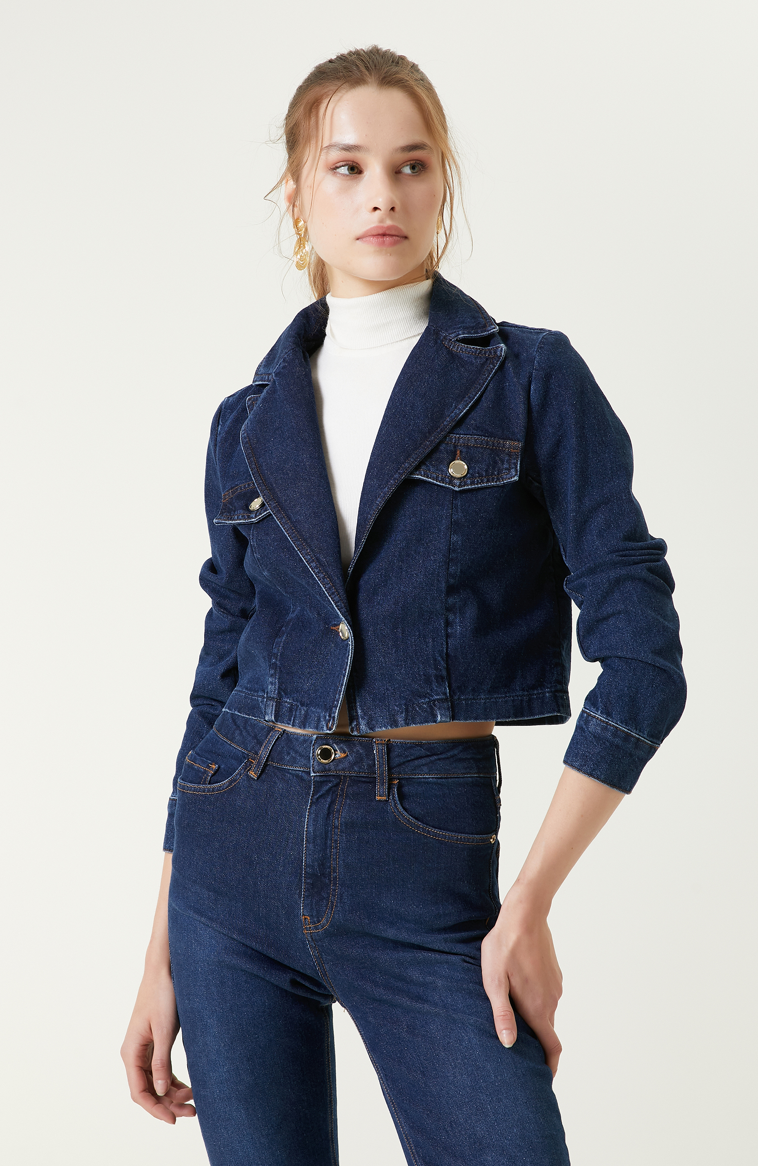 İndigo Mavi Crop Denim Ceket