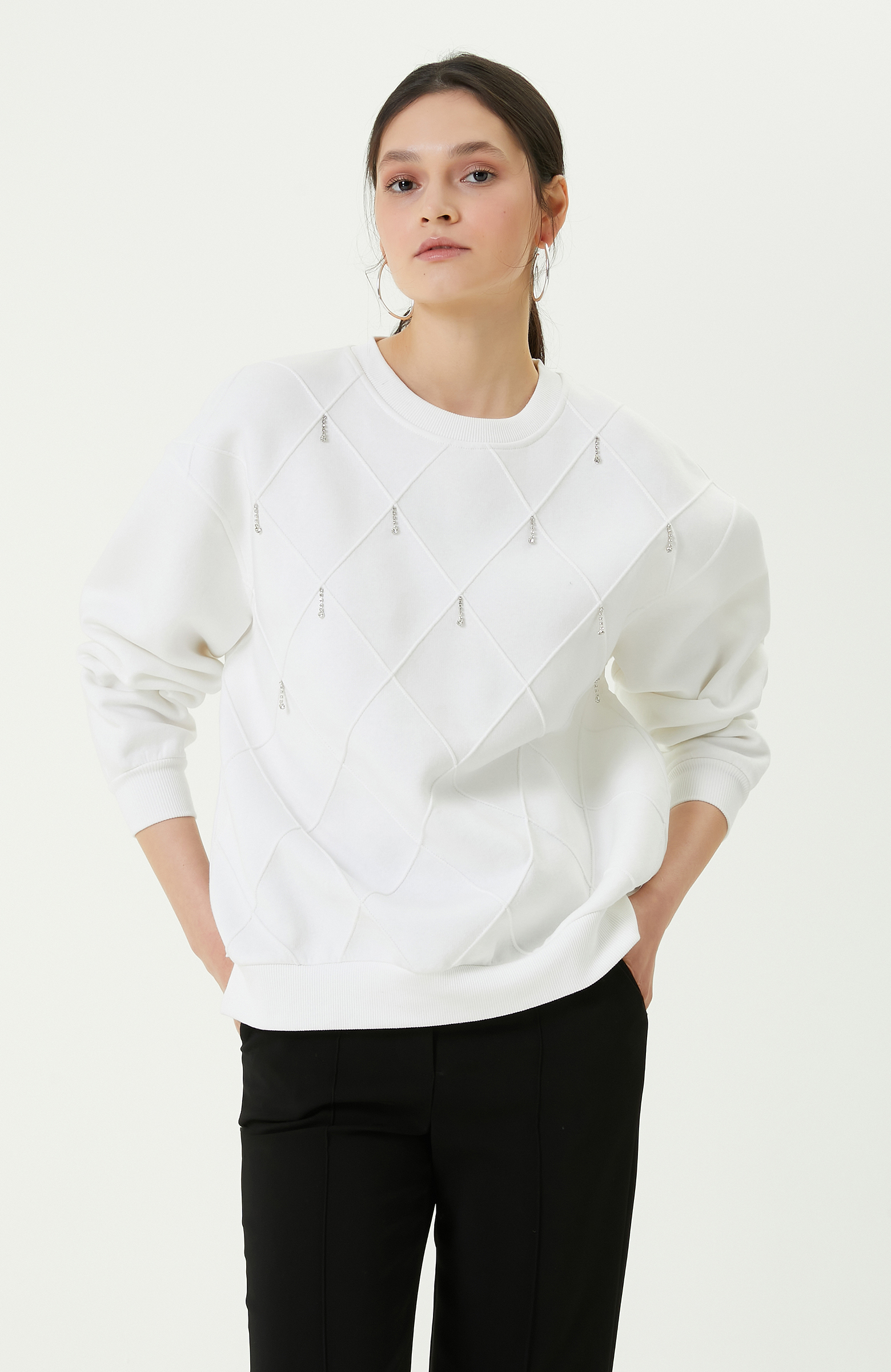 Pamuklu Baklava Desenli Ekru Sweatshirt