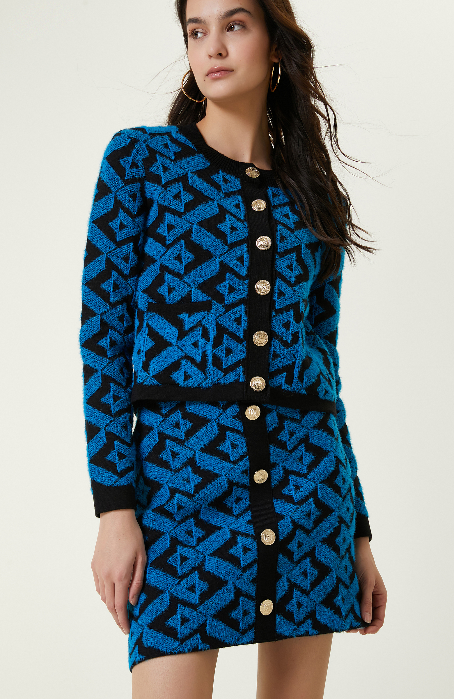 Siyah Mavi Triko Mini Etek