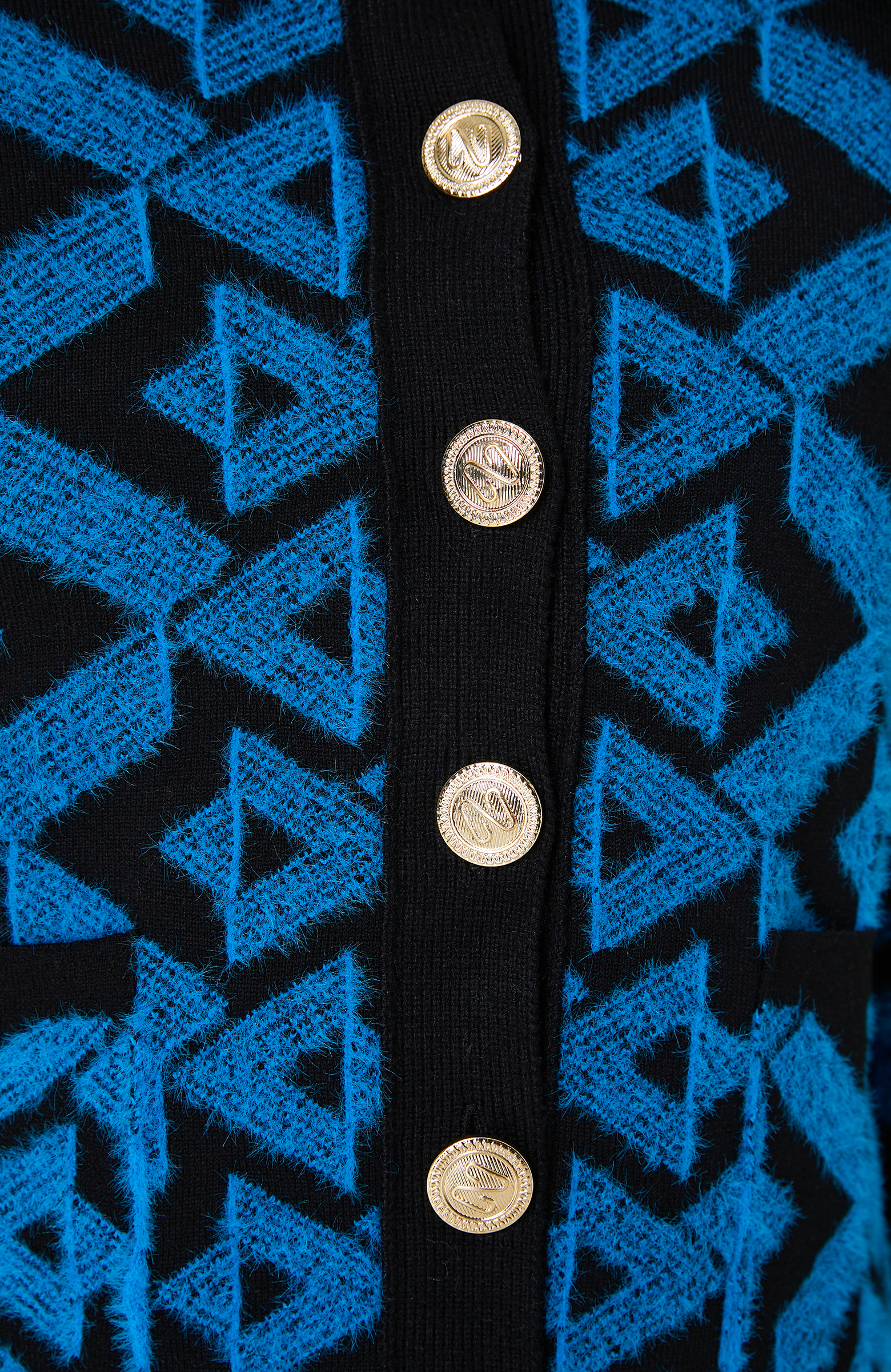 Siyah Mavi Desenli Bisiklet Yaka Triko Ceket