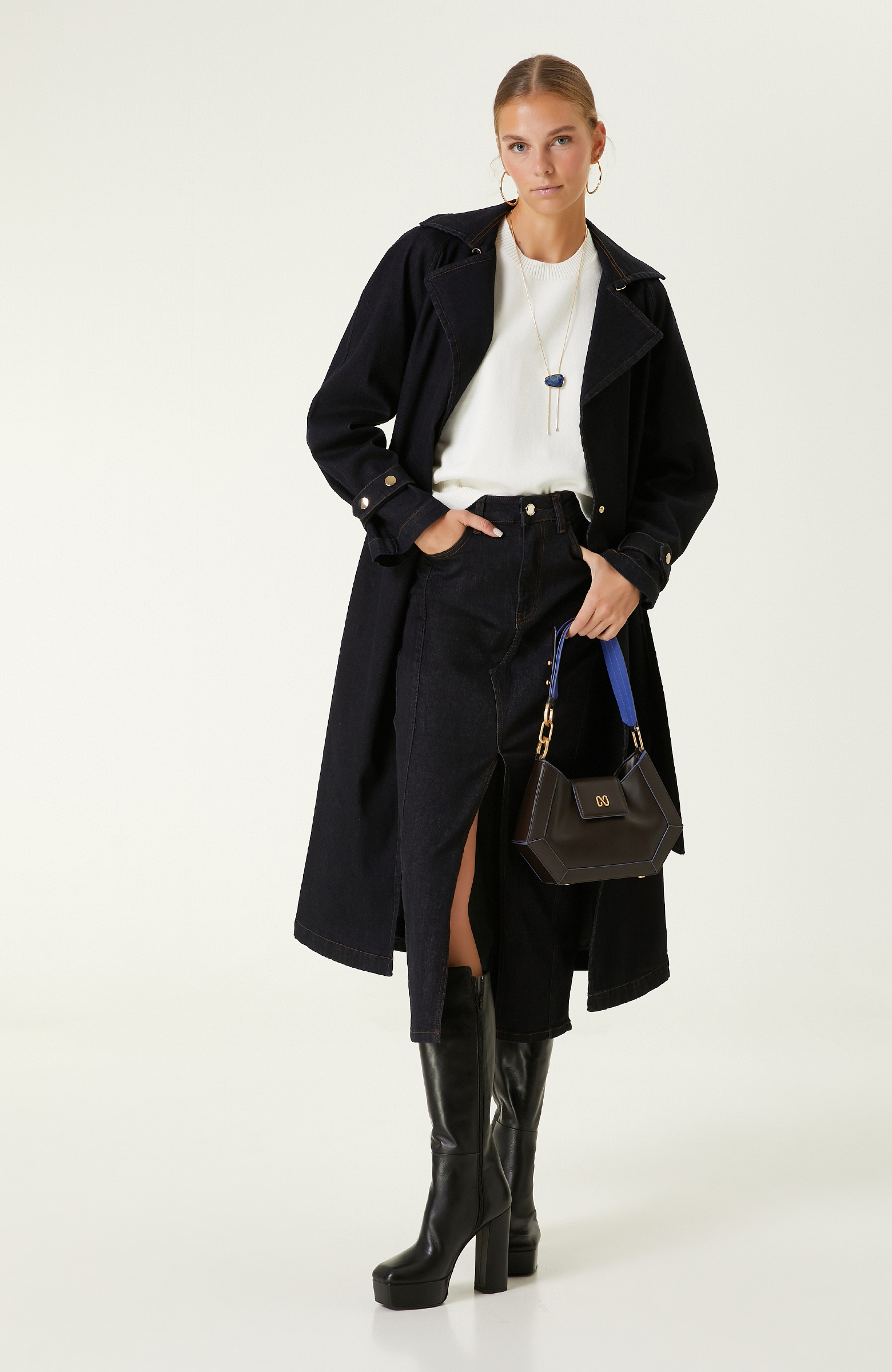 Koyu Indigo Mavi Denim Pardösü