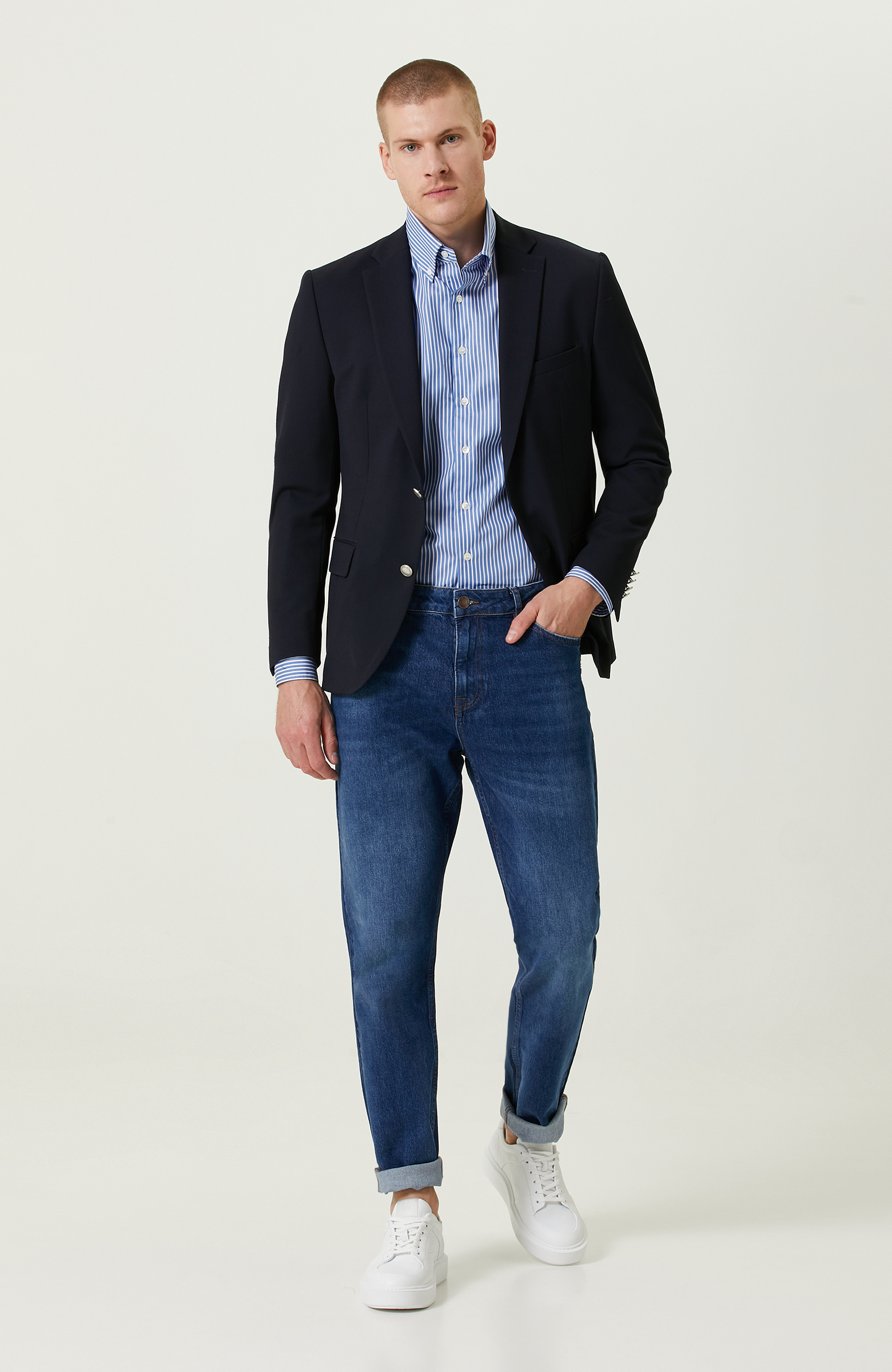 Armürlü Mono Yaka Lacivert Ceket