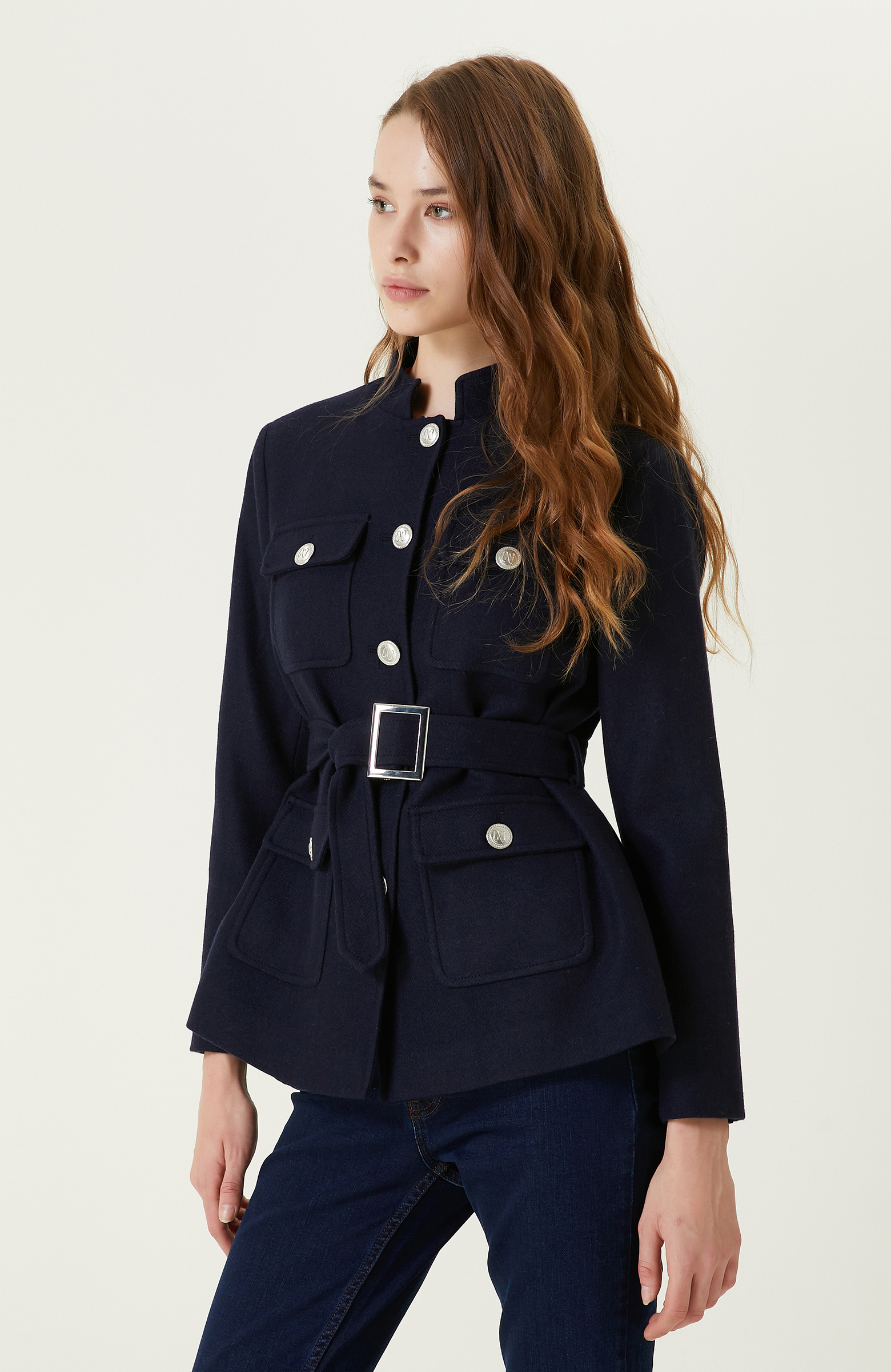 Lacivert Kemerli Aksesuar Detaylı Ceket