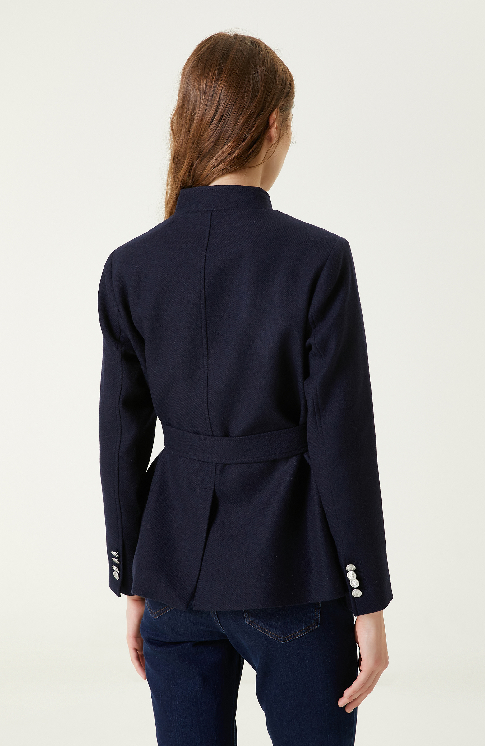 Lacivert Kemerli Aksesuar Detaylı Ceket