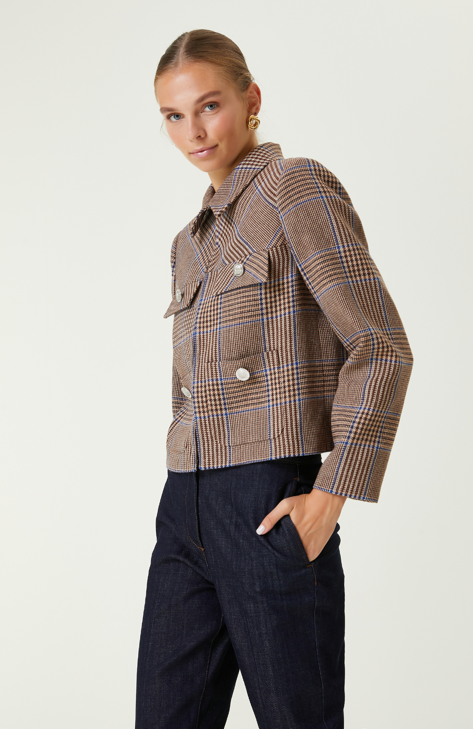 Kahverengi Ekose Desenli Crop Ceket