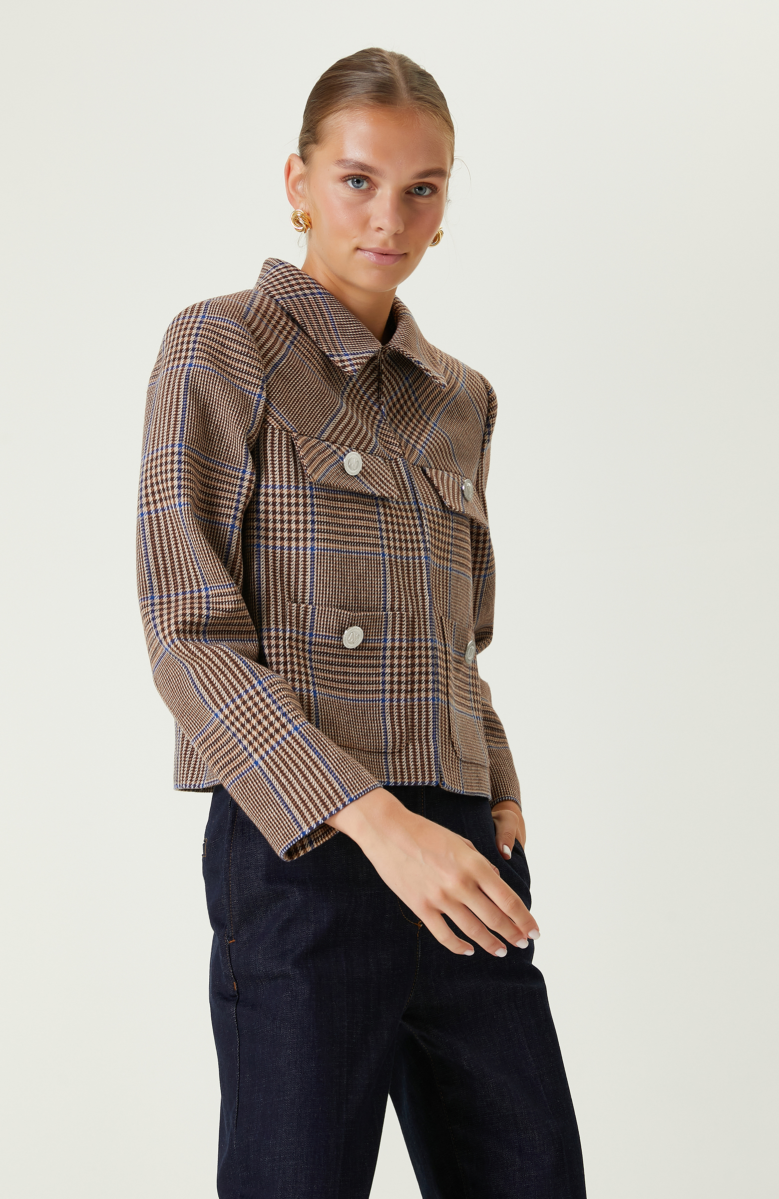 Kahverengi Ekose Desenli Crop Ceket