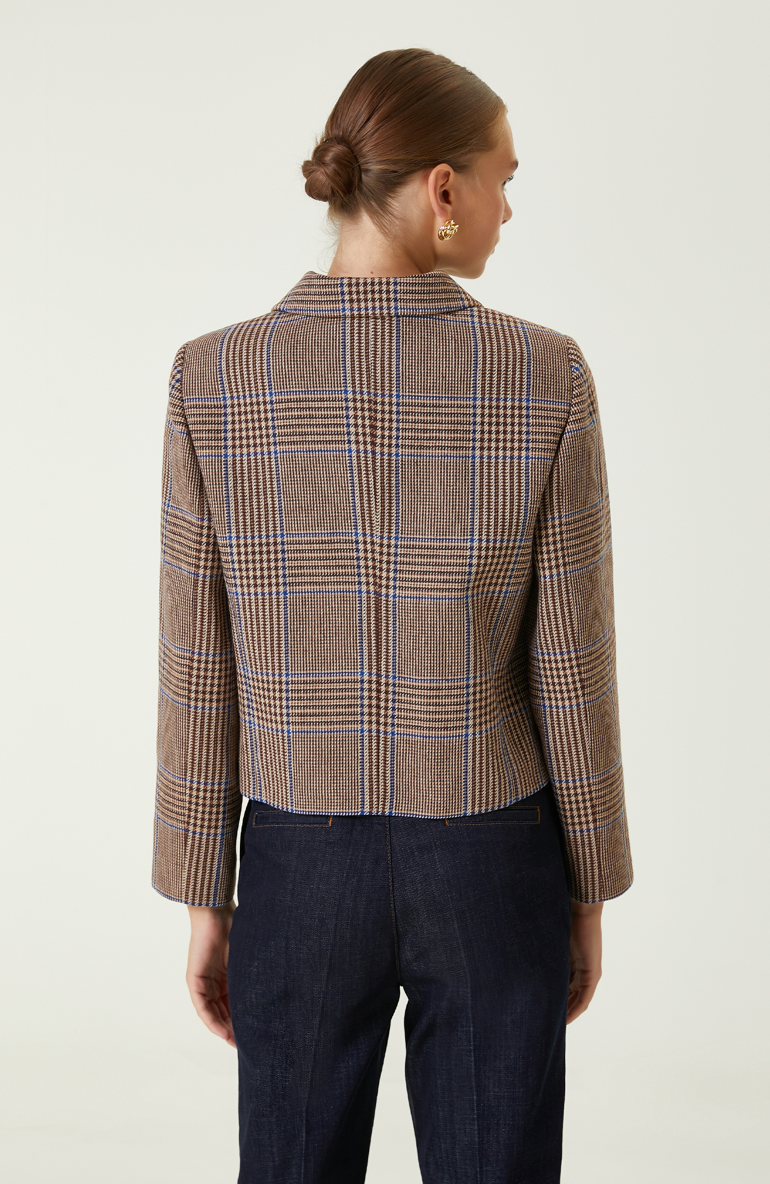 Kahverengi Ekose Desenli Crop Ceket