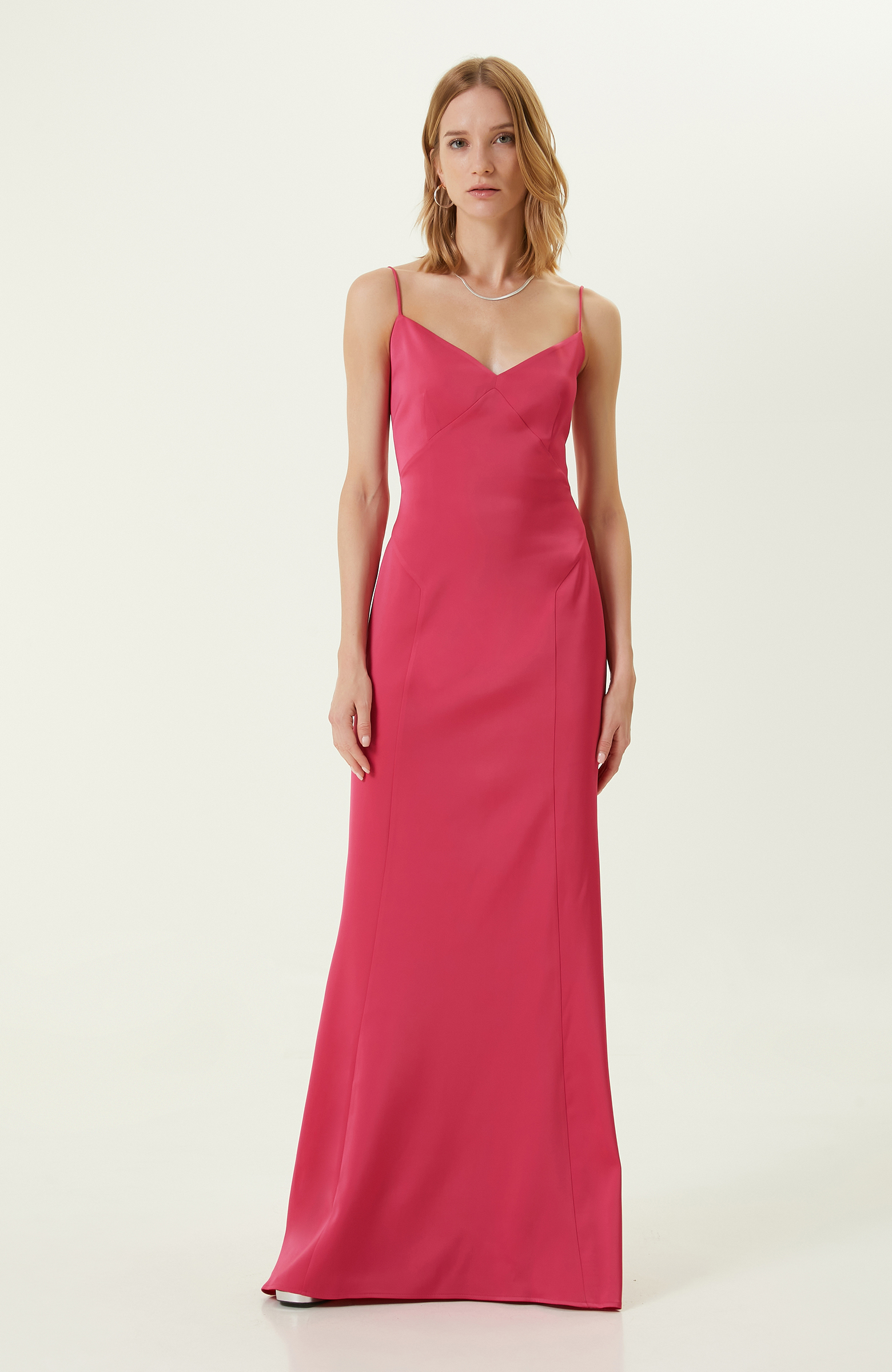 Fuşya İnce Askılı Abiye Elbise