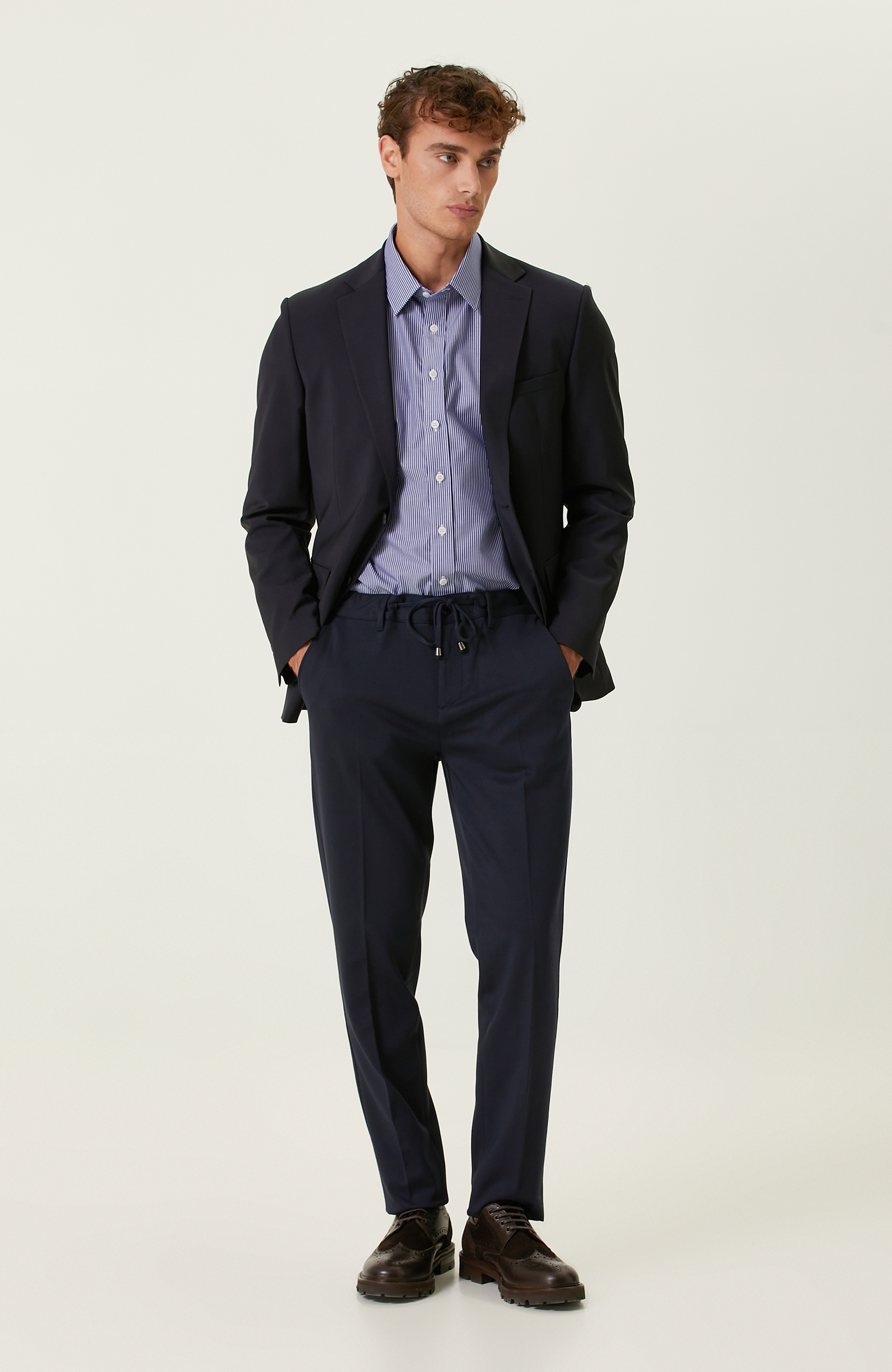 Non-Iron Pamuklu Mavi Beyaz Çizgili Gömlek