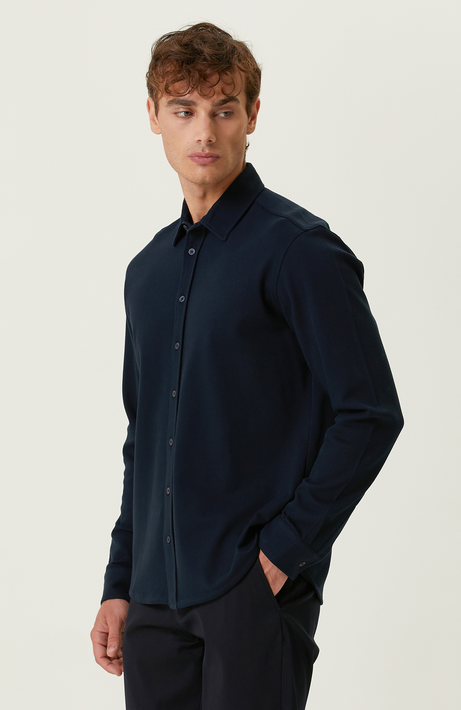 Pamuklu Lacivert Örme Gömlek