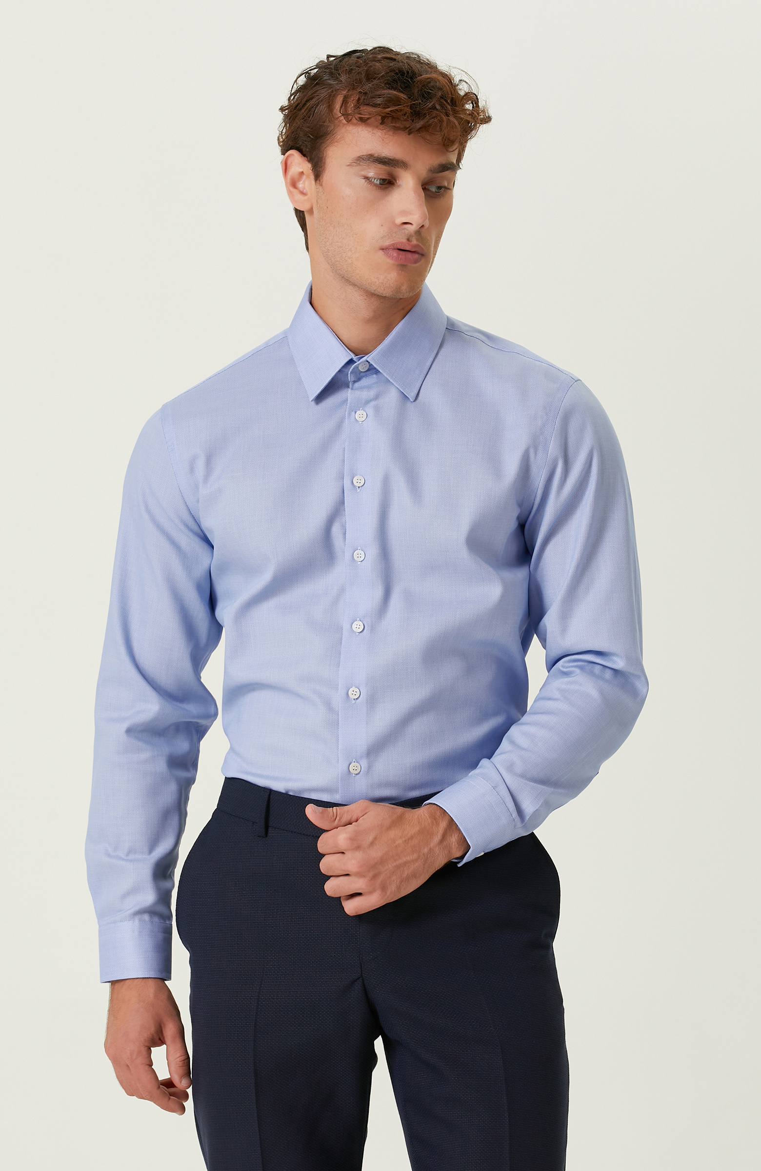 Non-Iron Pamuklu Mavi Armürlü Gömlek