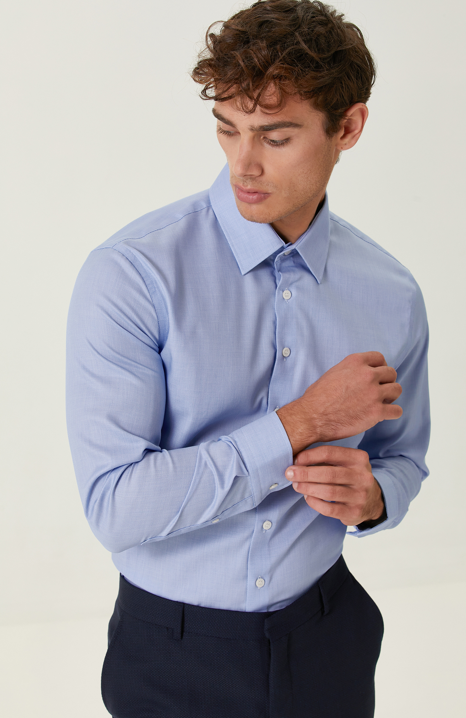 Non-Iron Pamuklu Mavi Armürlü Gömlek