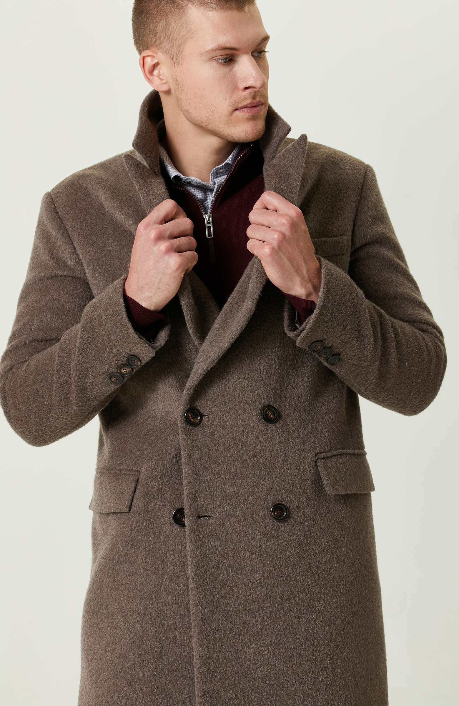 Kruvaze Yaka Balıksırtı Vizon Palto