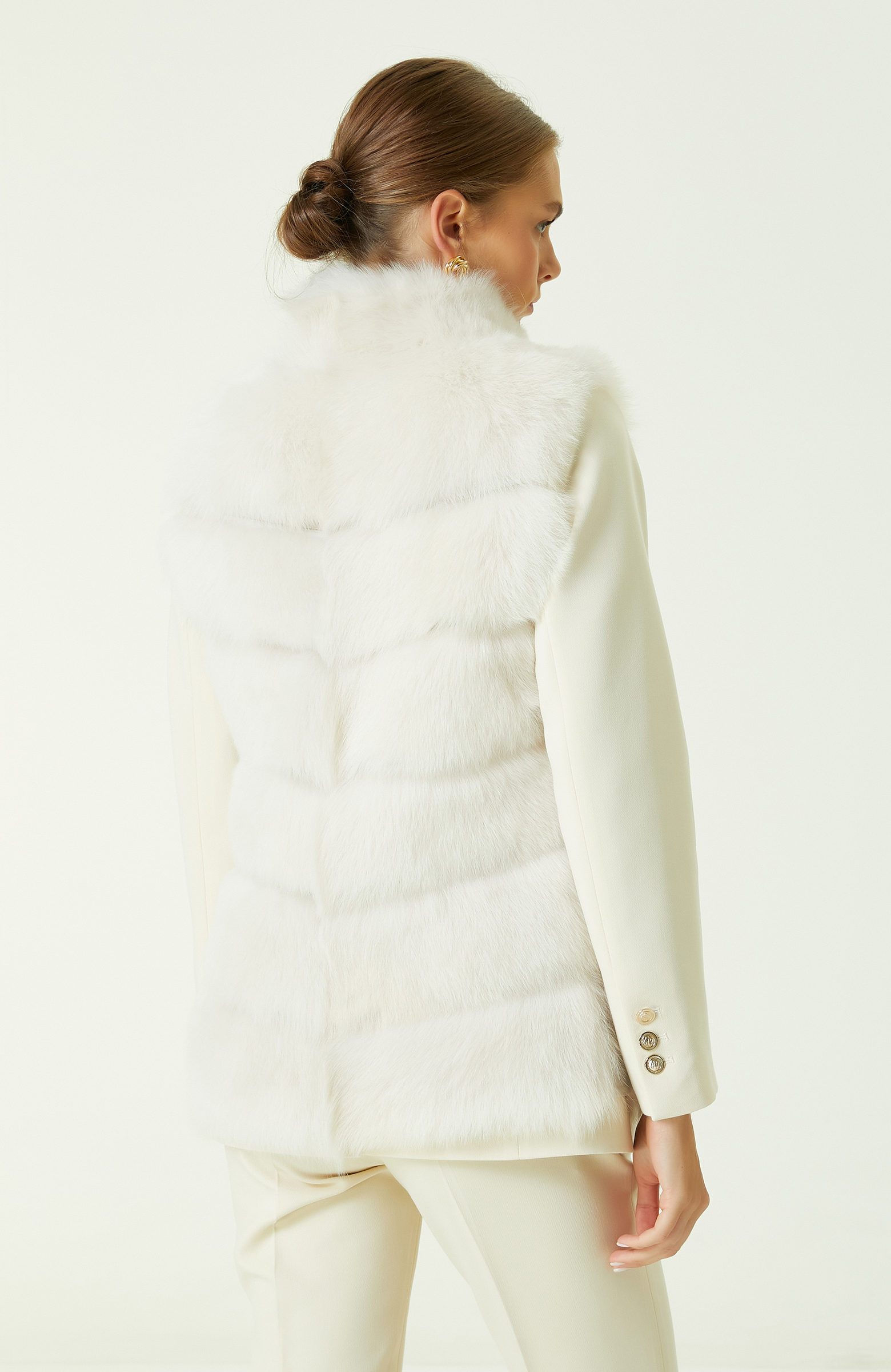 Ekru Çizgi Detaylı Deri Yelek