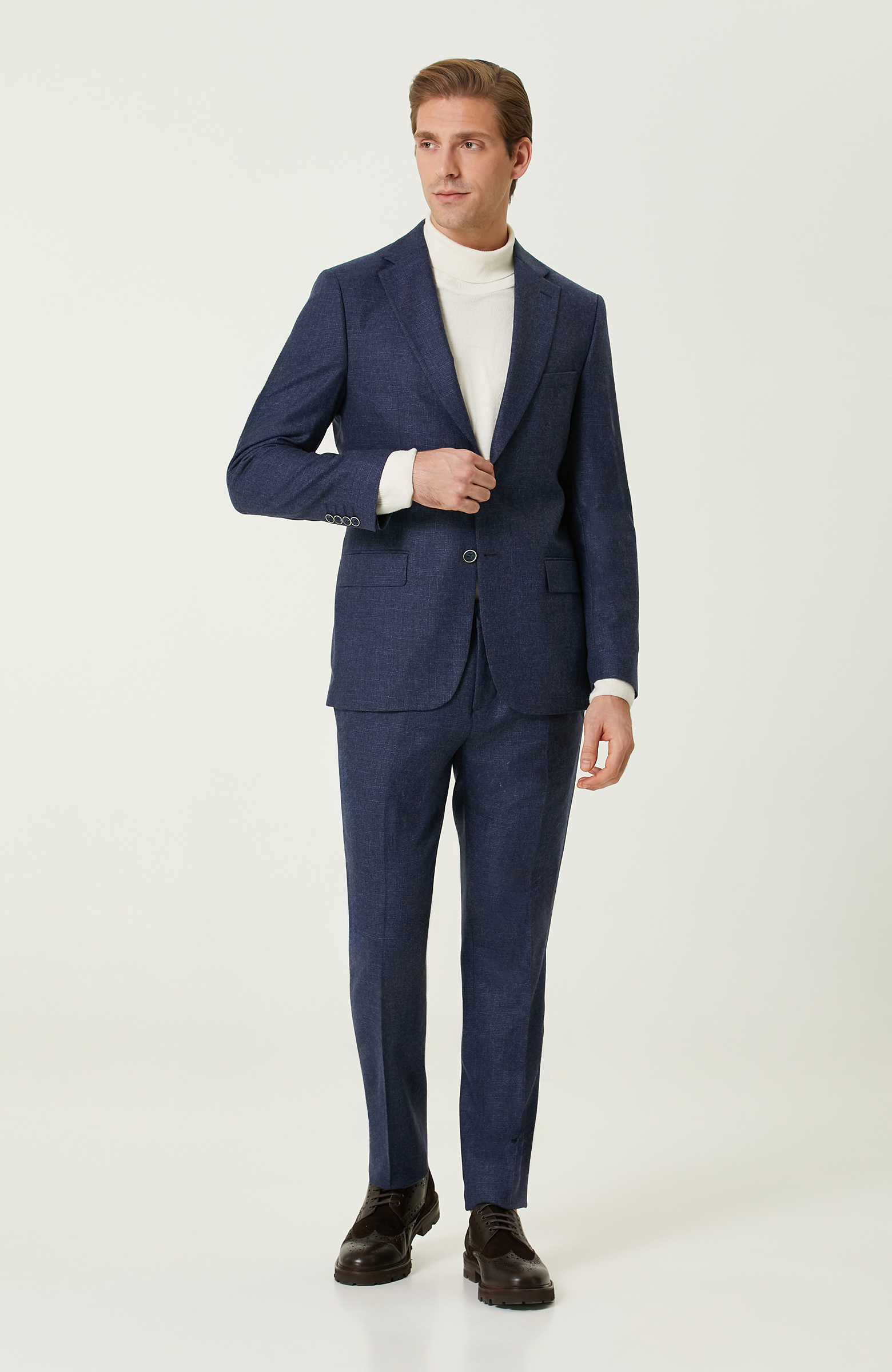 İndigo Kareli Yün Takım Elbise