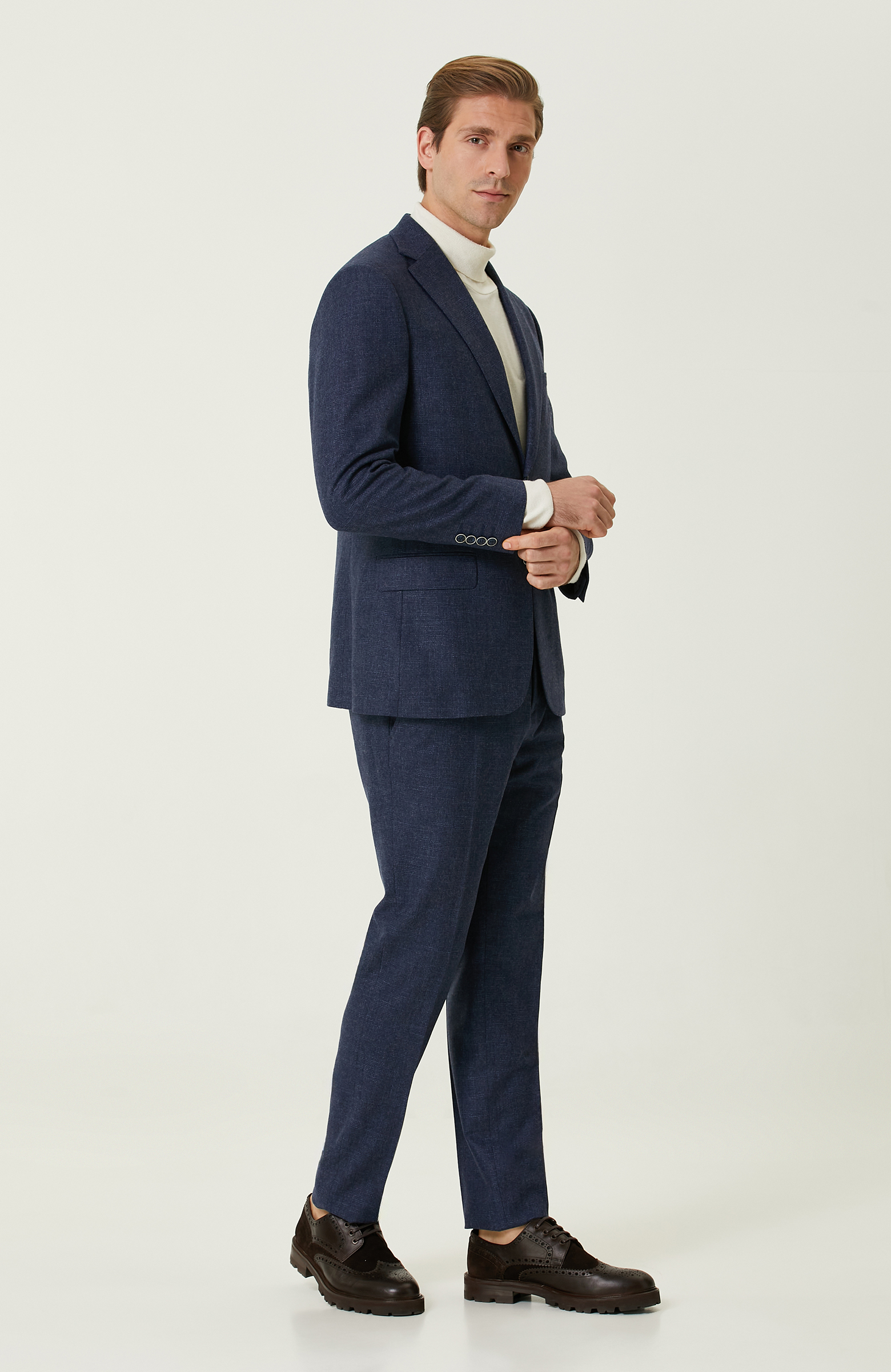 İndigo Kareli Yün Takım Elbise