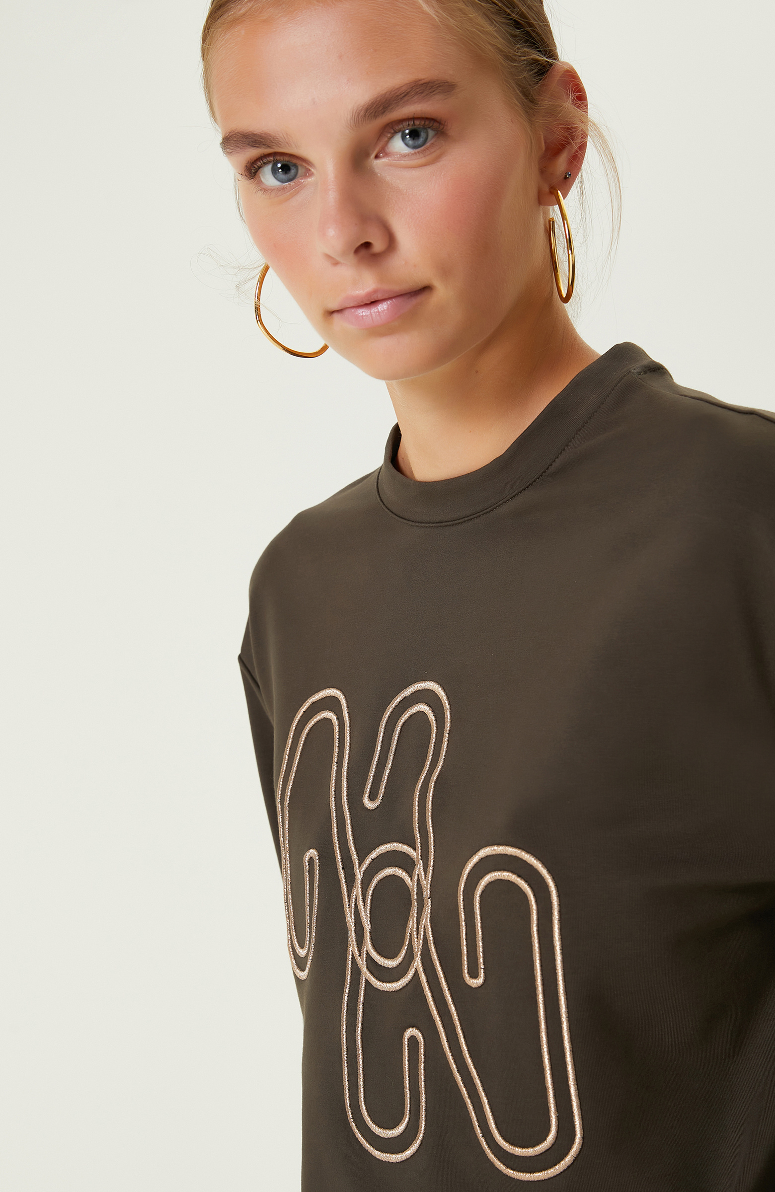 Haki Pamuklu Nakışlı Sweatshirt