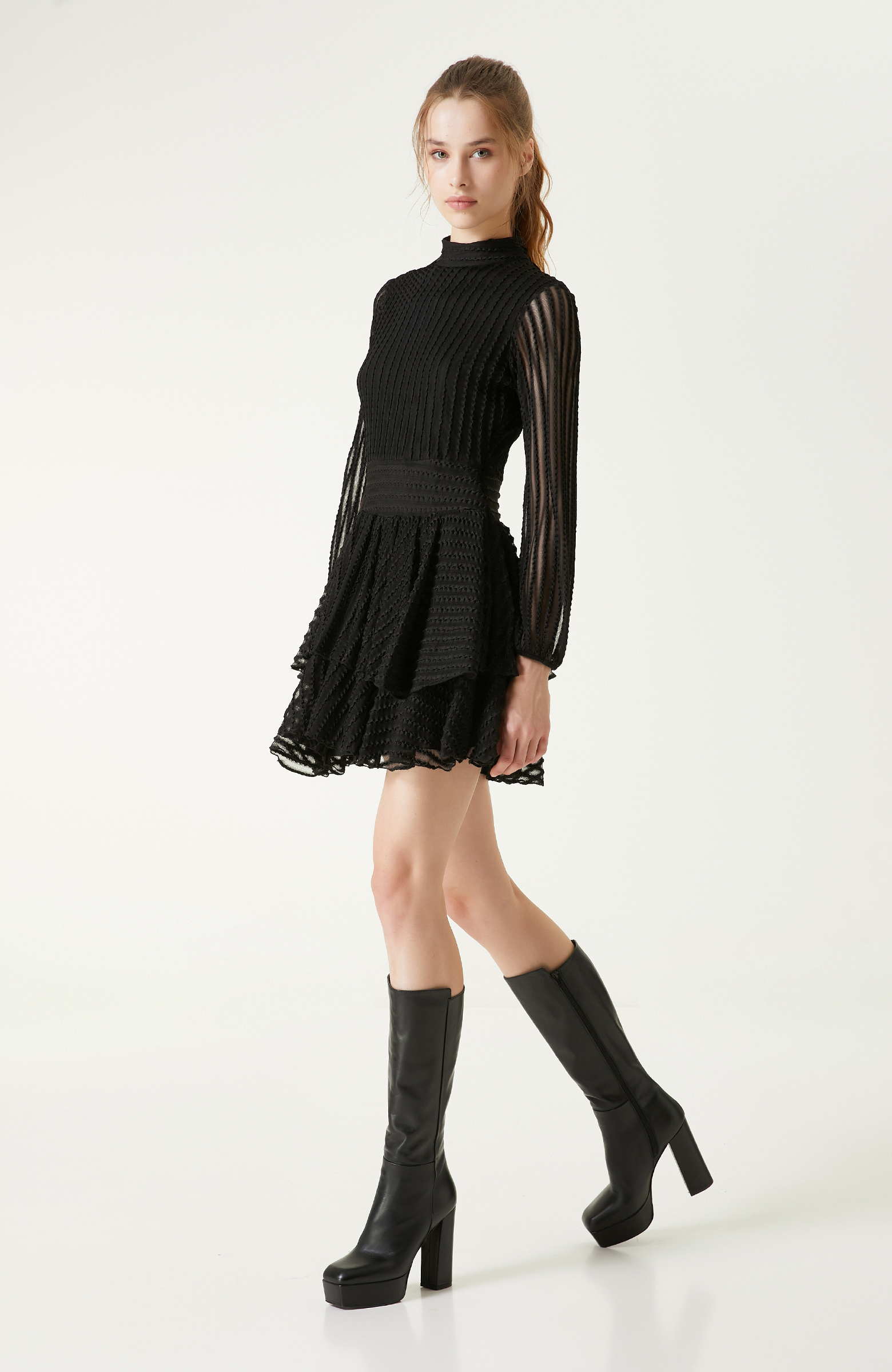 Siyah Kloş Etek Mini Elbise