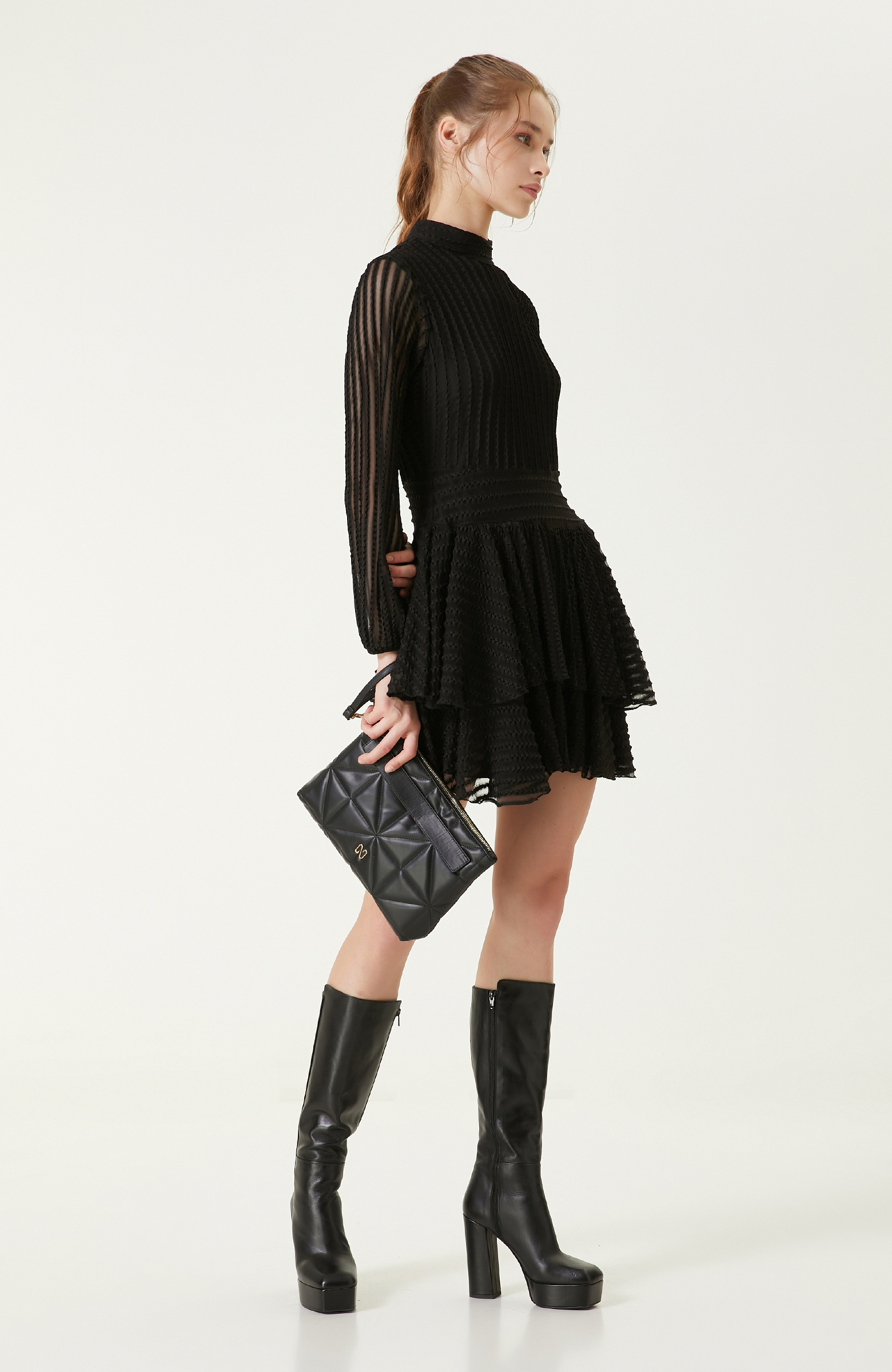 Siyah Kloş Etek Mini Elbise