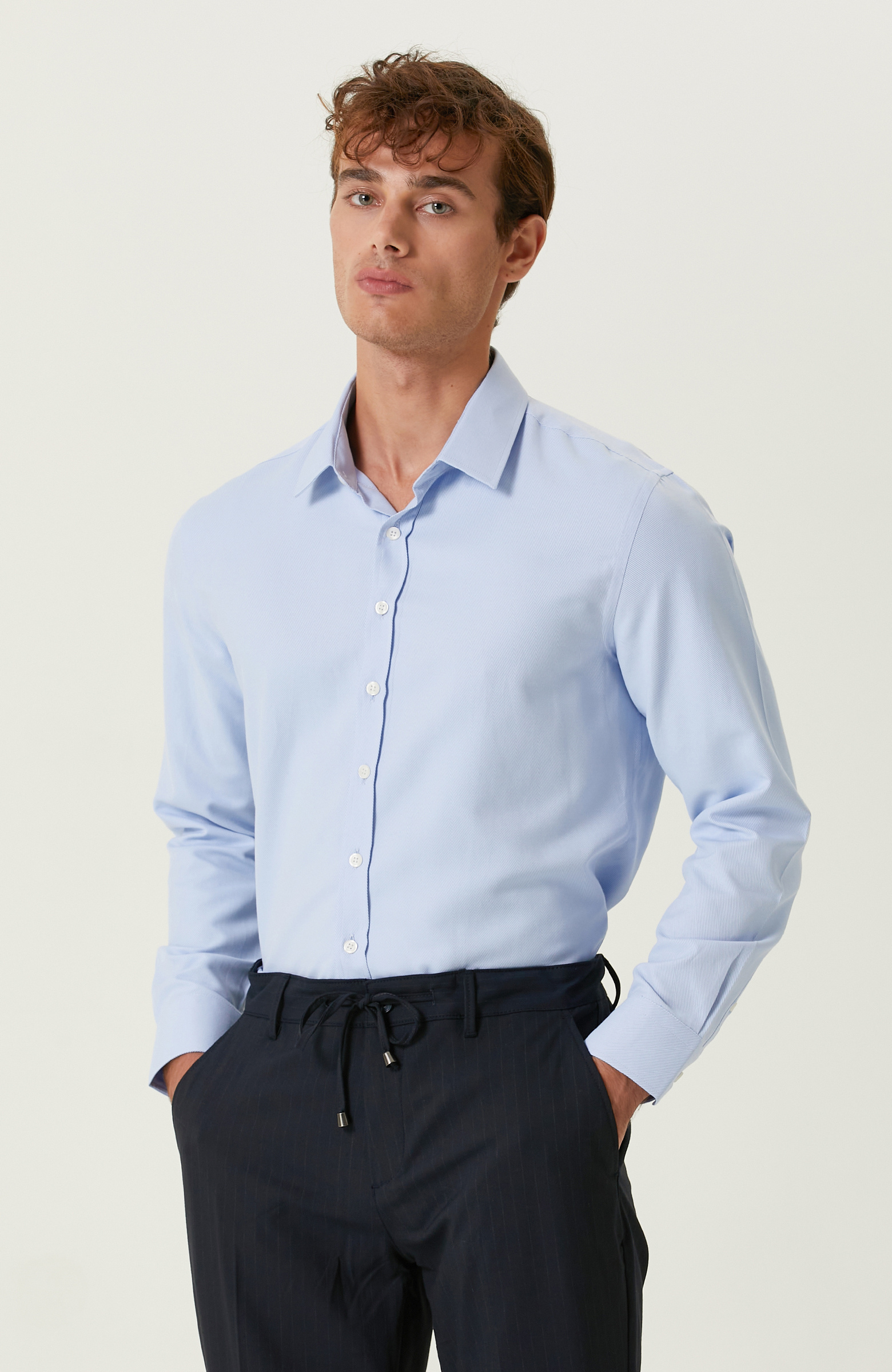 Mavi Diyagonel Cotton Gömlek