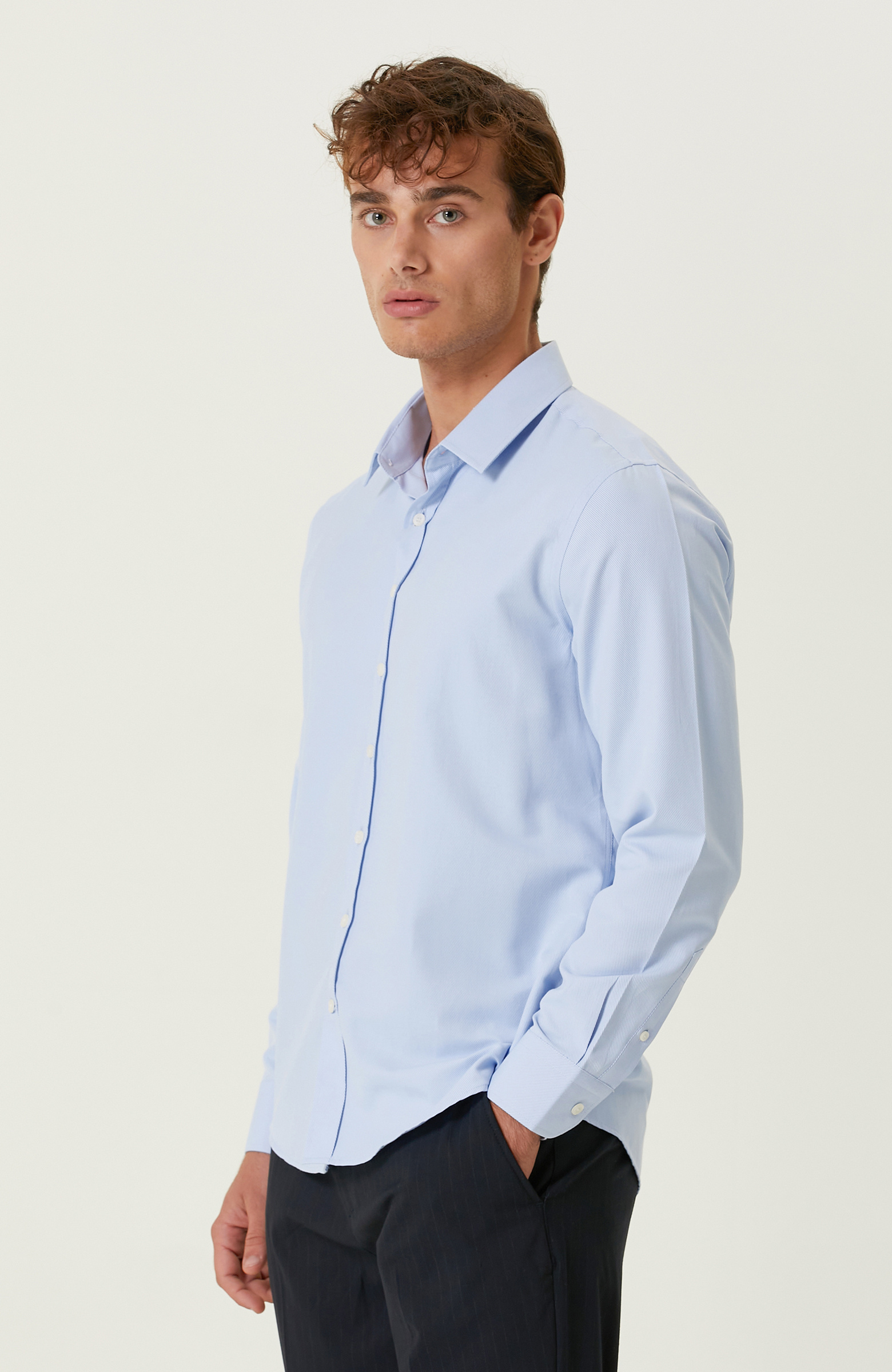 Mavi Diyagonel Cotton Gömlek