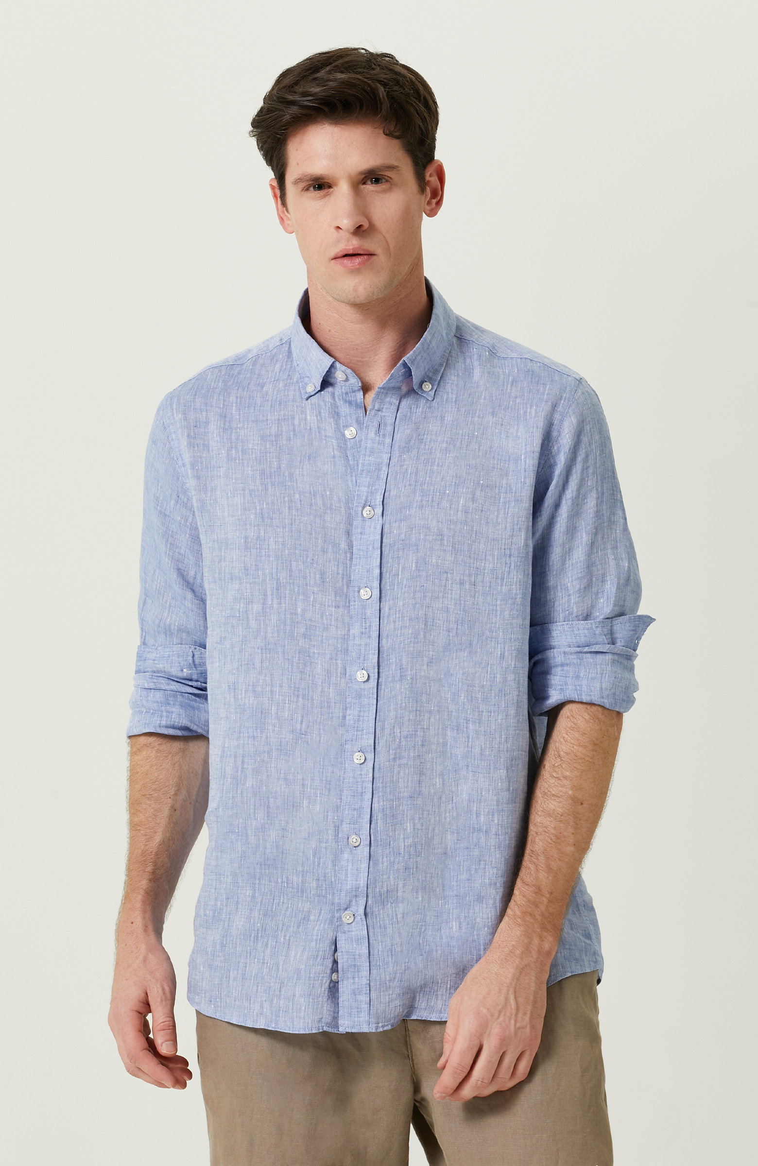 Uzun Kollu Mavi Keten Gömlek