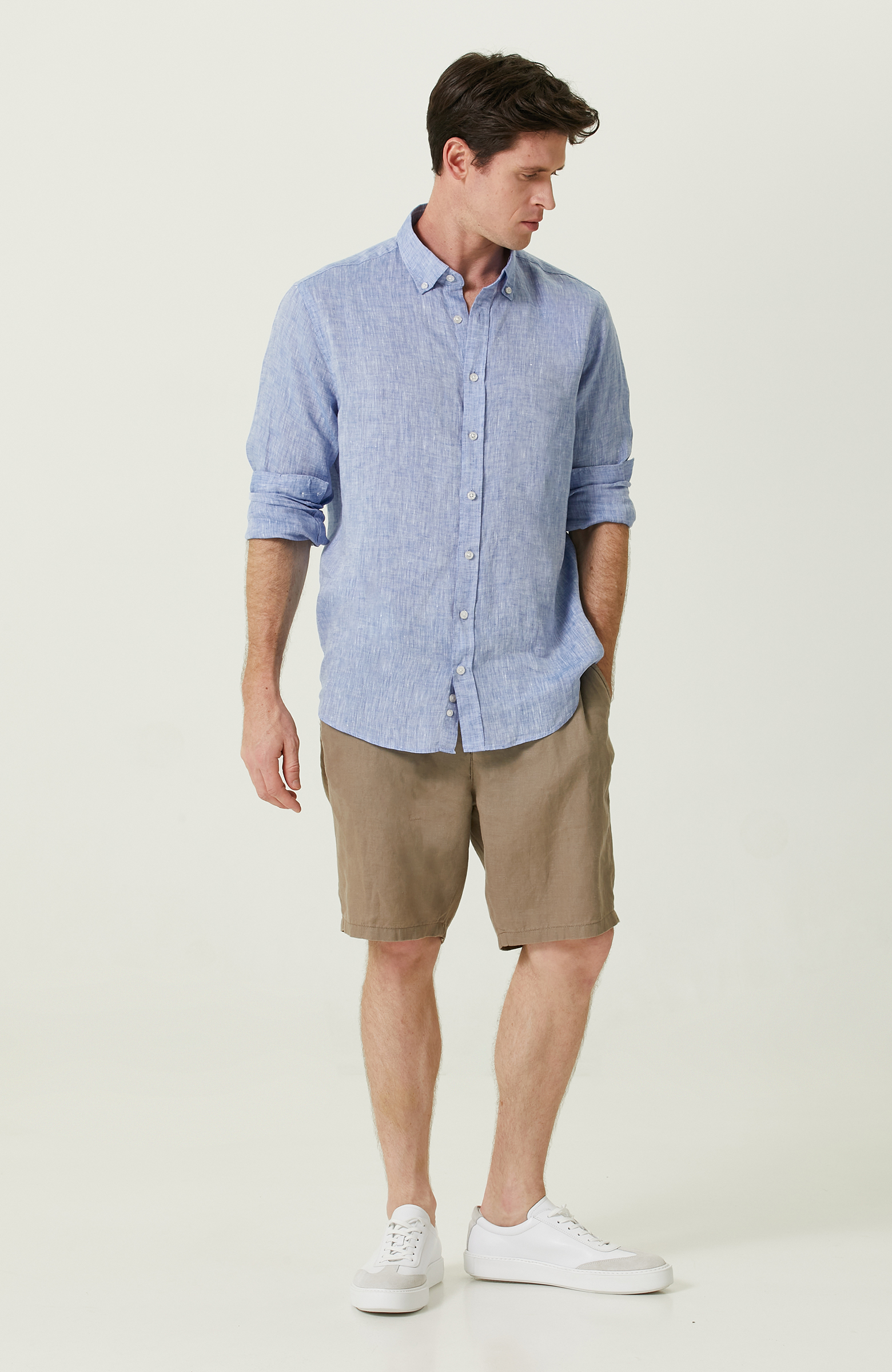 Uzun Kollu Mavi Keten Gömlek