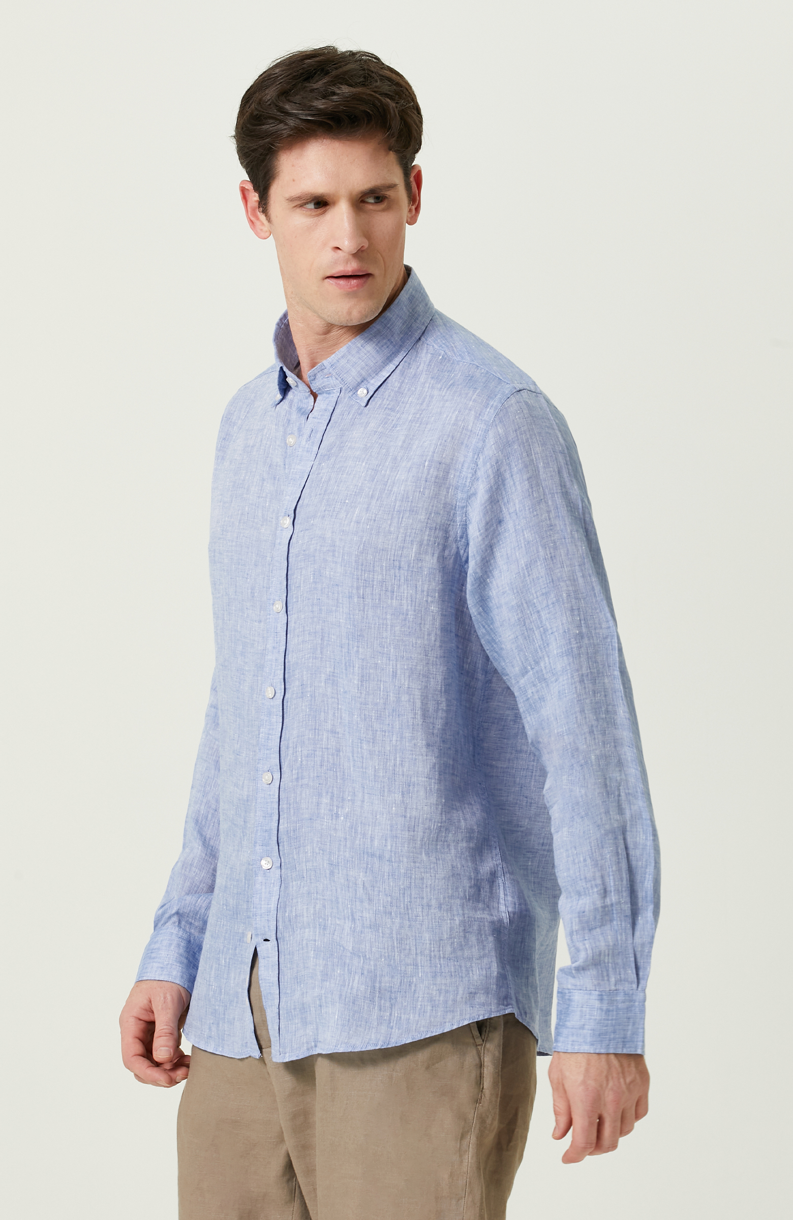 Uzun Kollu Mavi Keten Gömlek