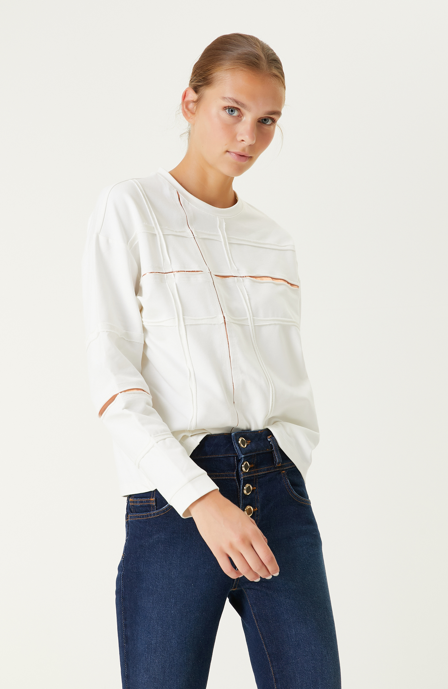 Pamuklu Ekru Baskılı Sweatshirt