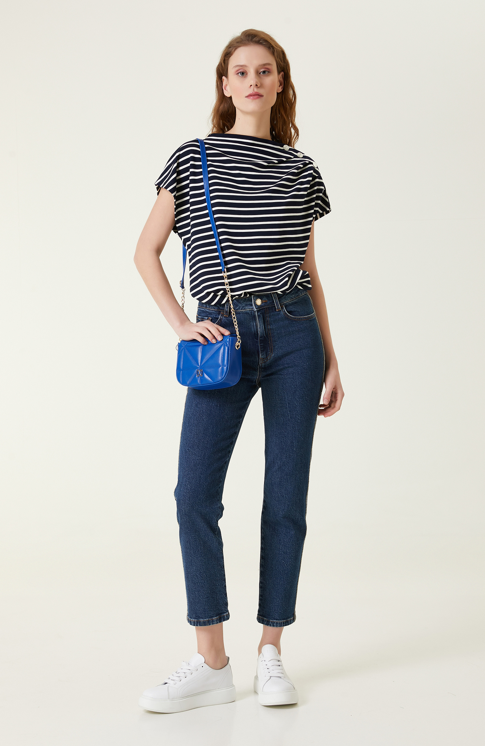 Lacivert Ekru Çizgili Bluz