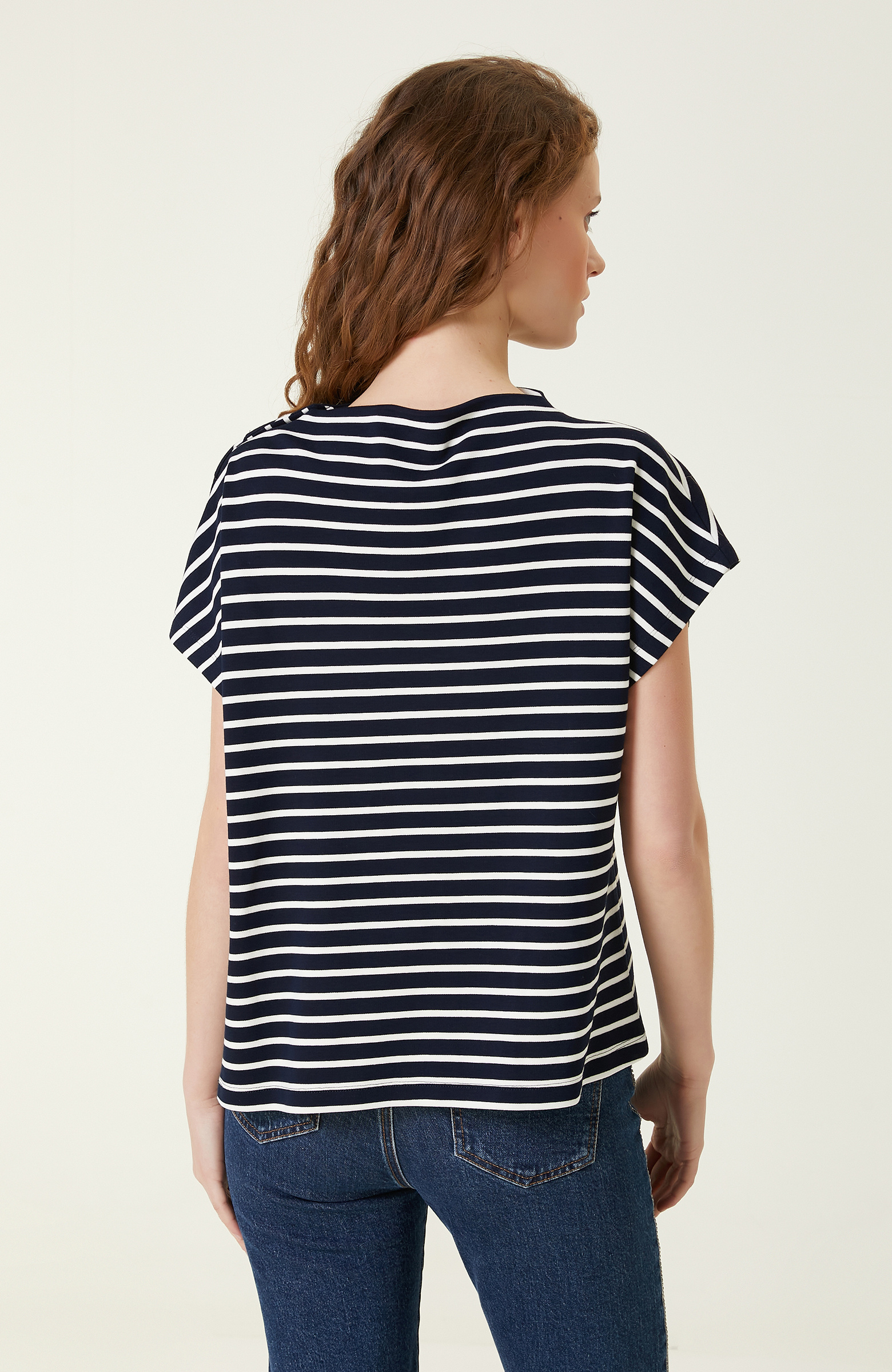 Lacivert Ekru Çizgili Bluz