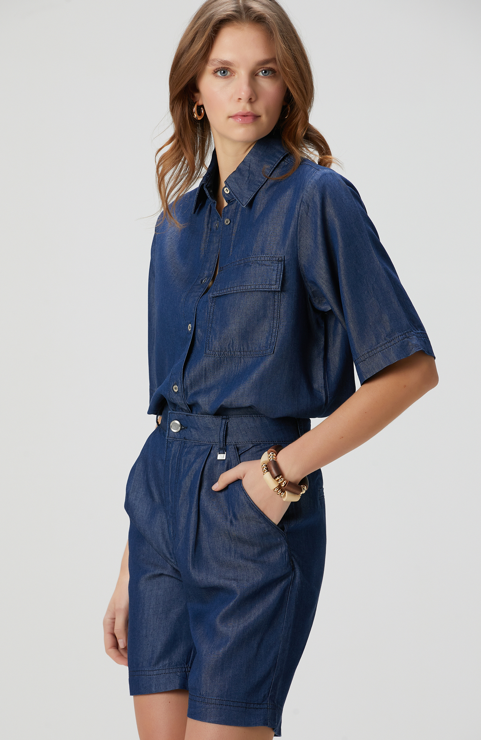 Açık Indigo Mavi Denim Gömlek