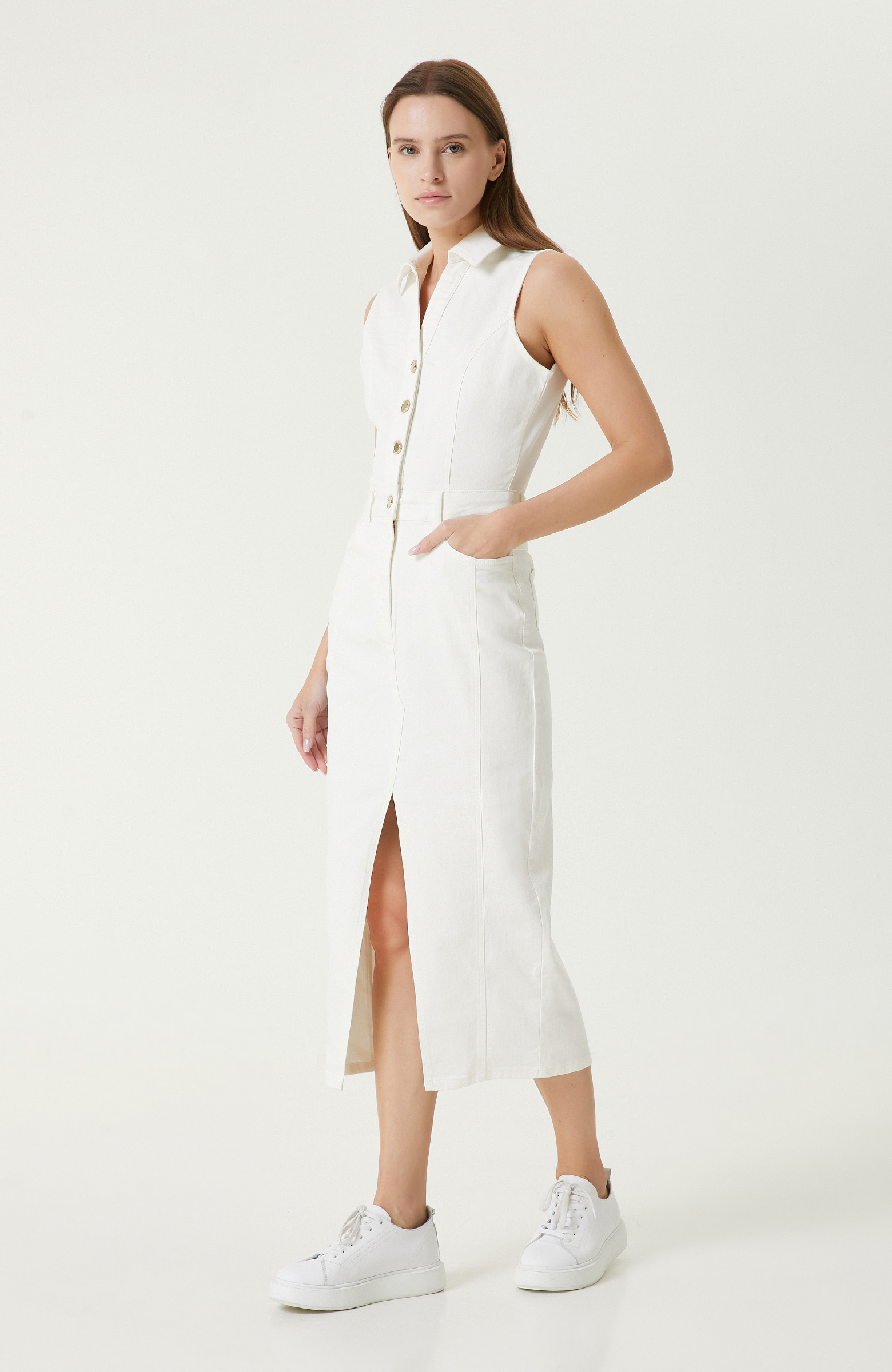 Kırık Beyaz Denim Elbise