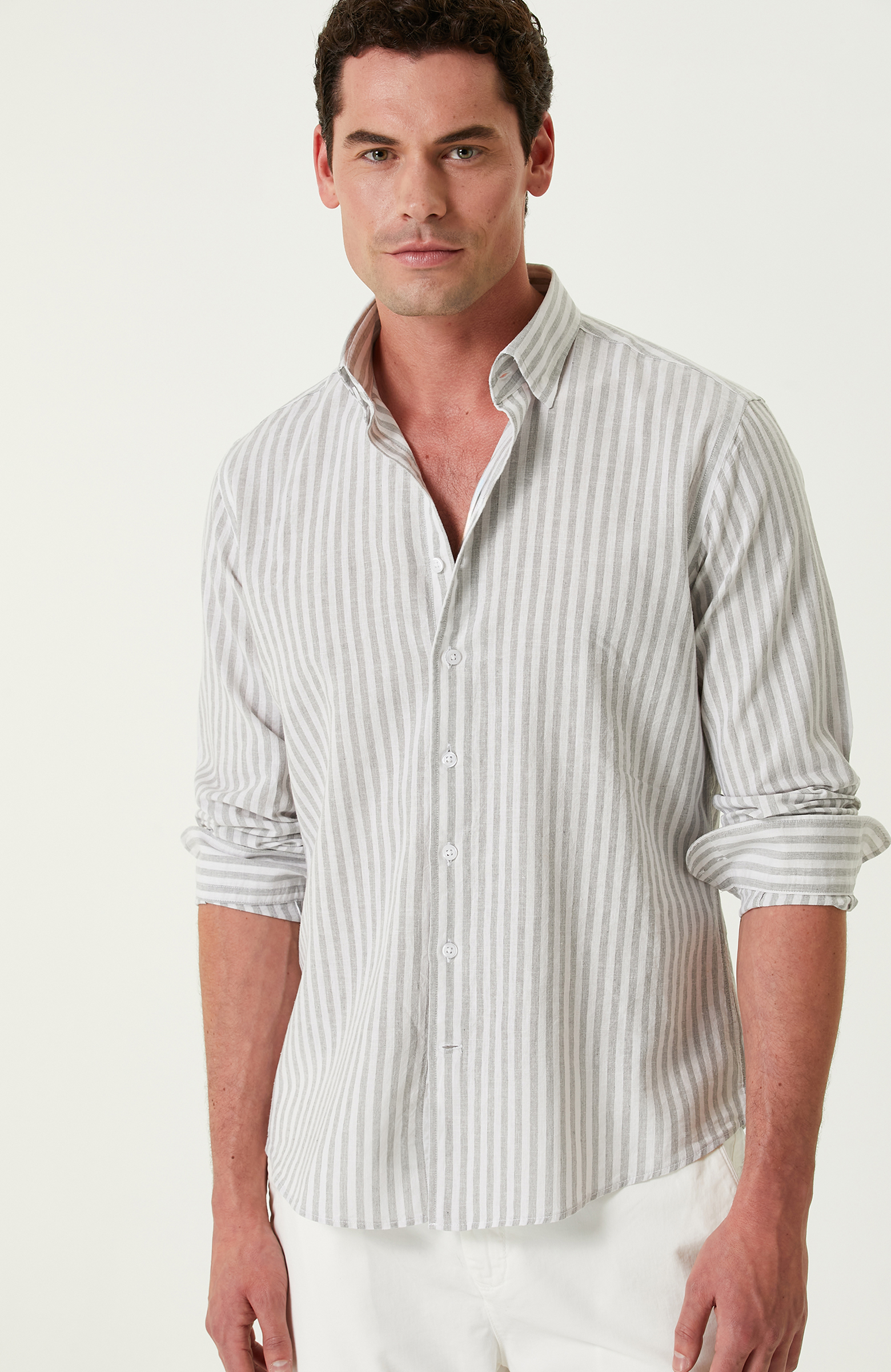 Gri Beyaz Çizgi Desenli Keten Gömlek