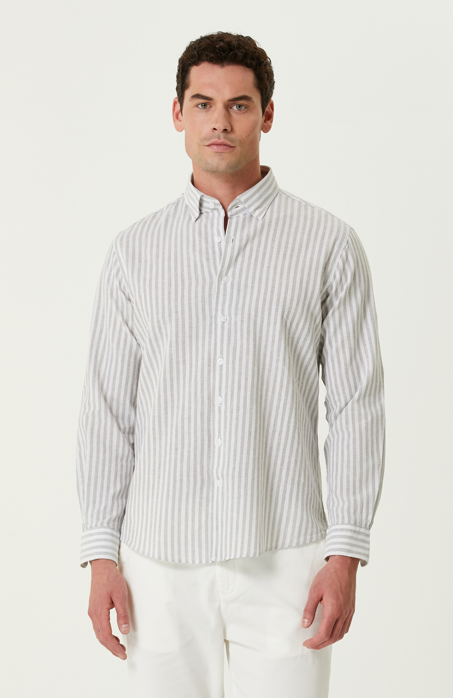 Gri Beyaz Çizgi Desenli Keten Gömlek