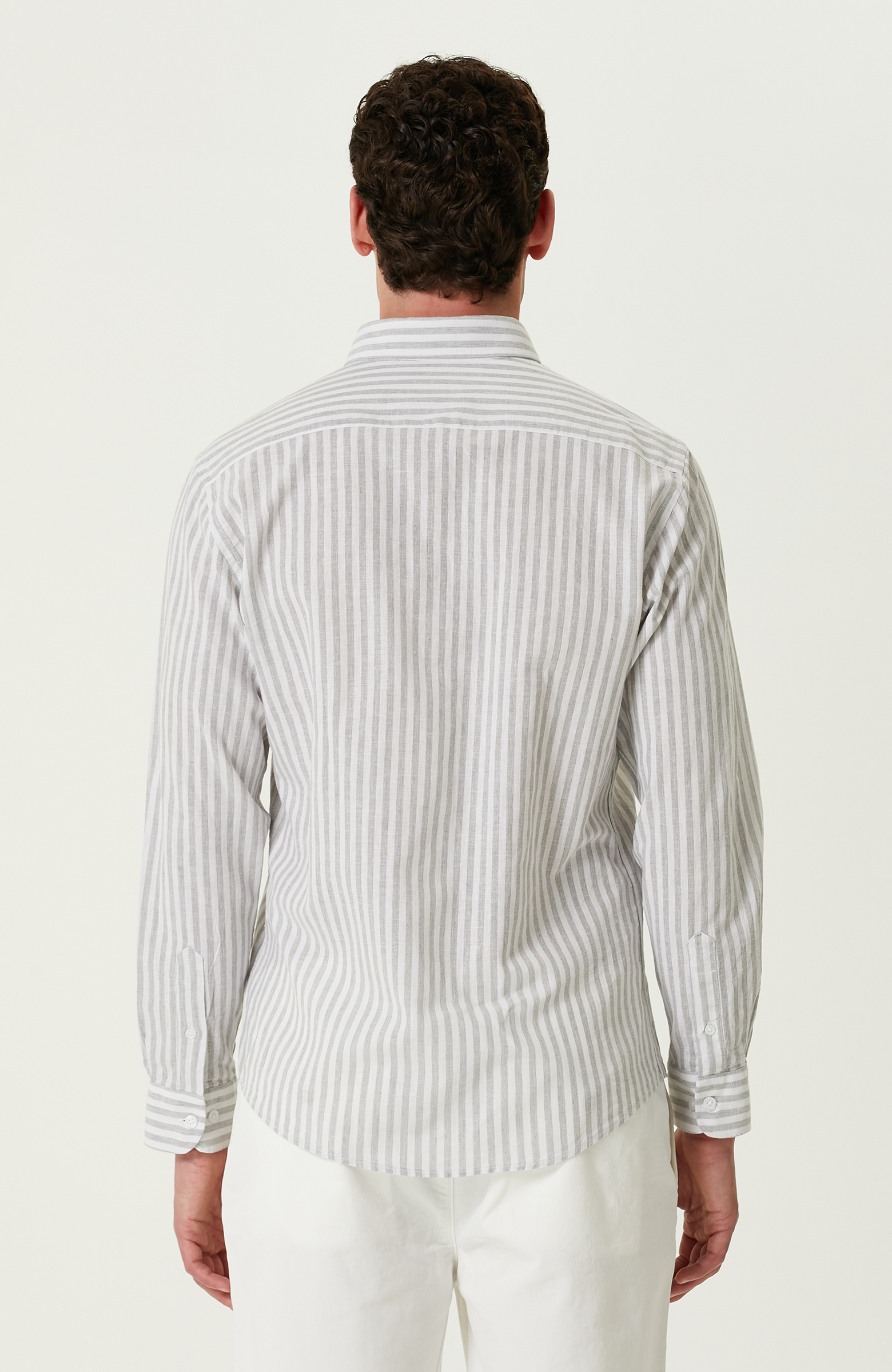 Gri Beyaz Çizgi Desenli Keten Gömlek