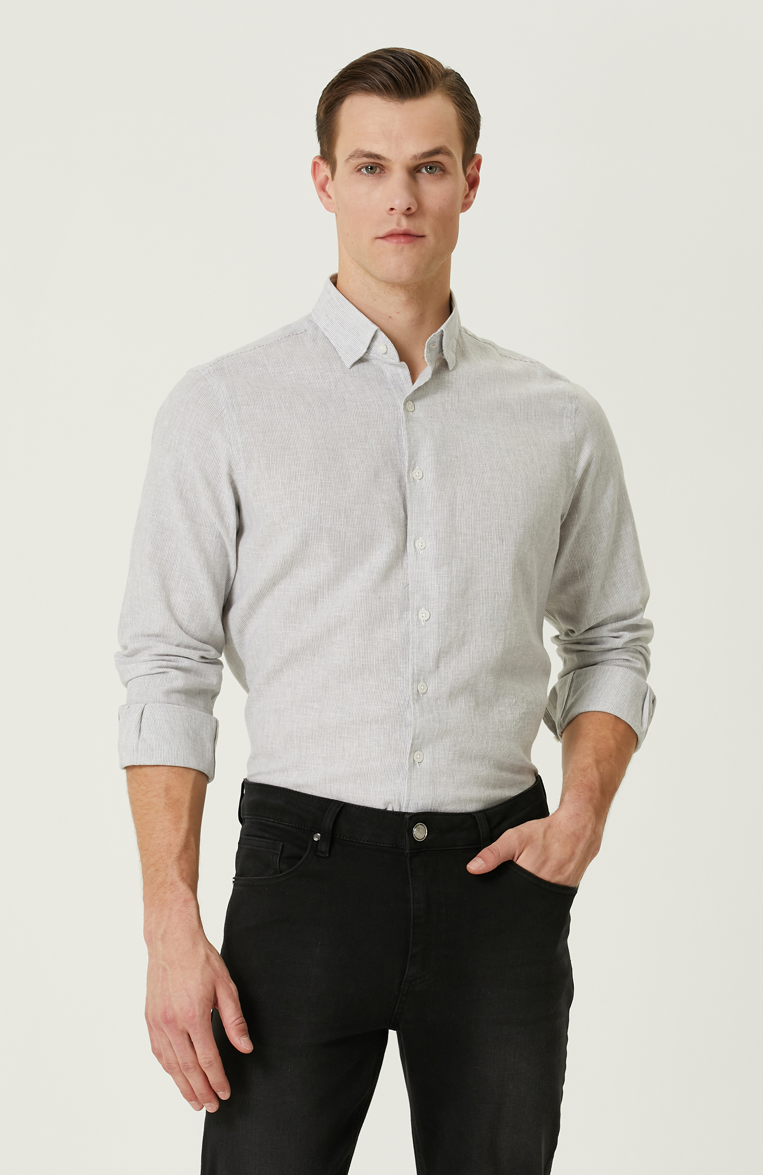 Gri Çizgili Keten Karışımlı Gömlek