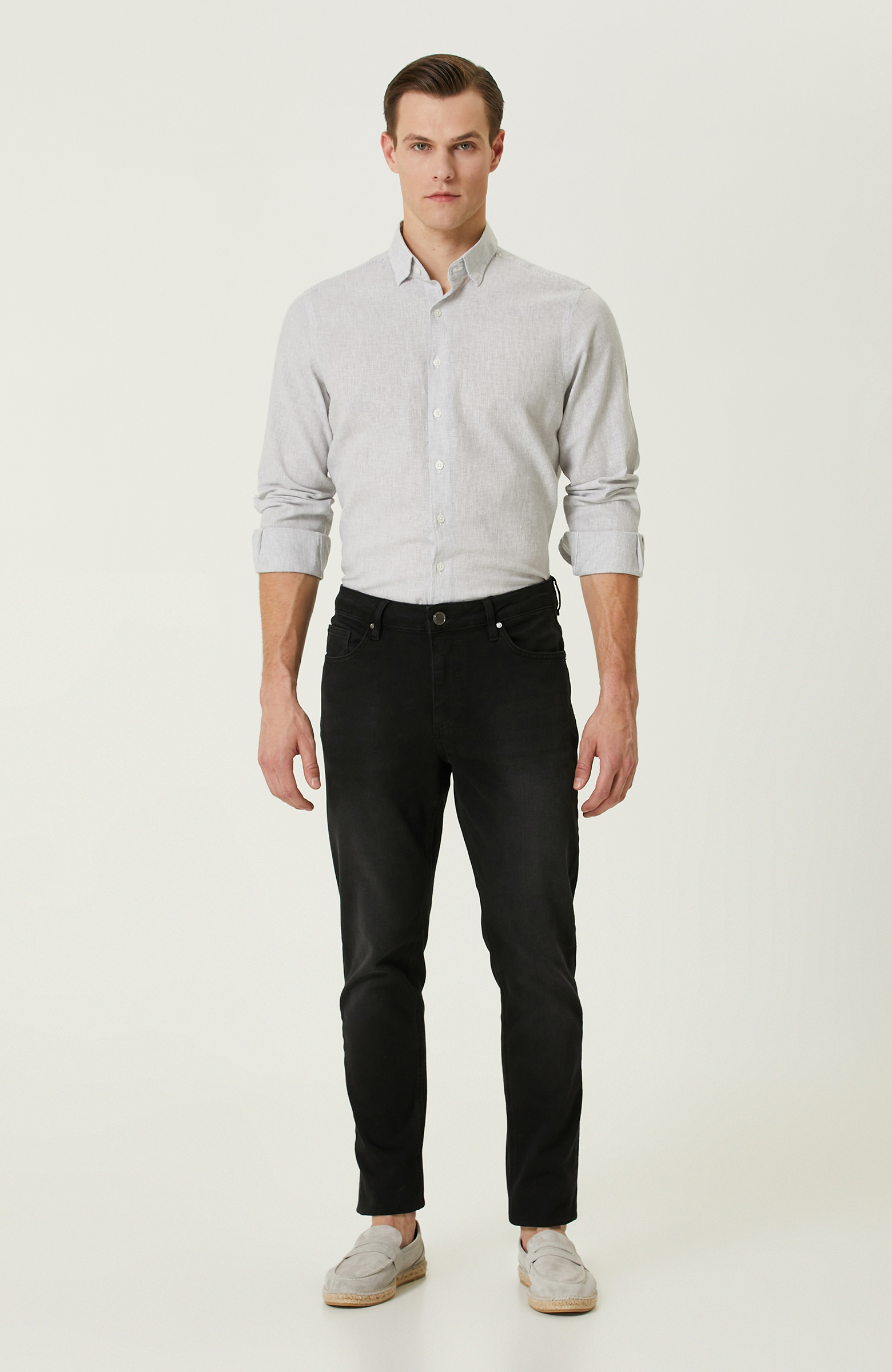 Gri Çizgili Keten Karışımlı Gömlek