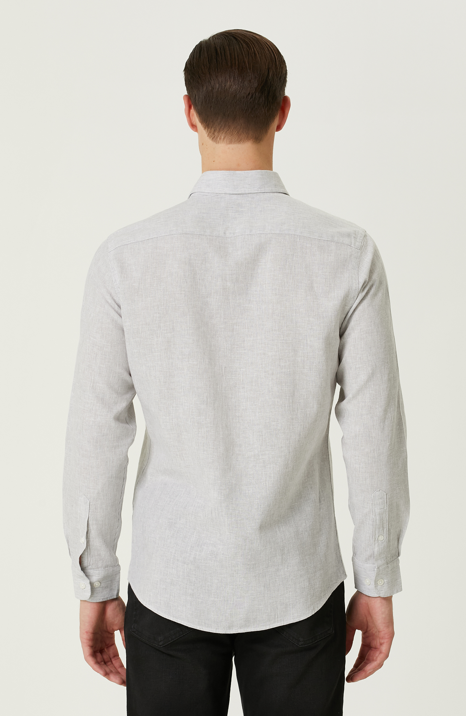 Gri Çizgili Keten Karışımlı Gömlek