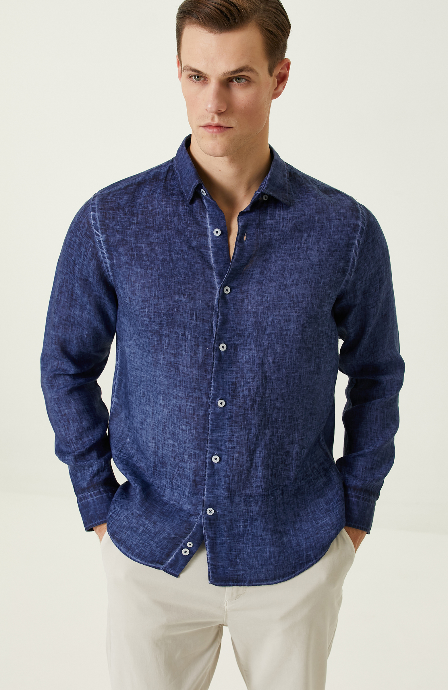 İndigo Keten Gömlek