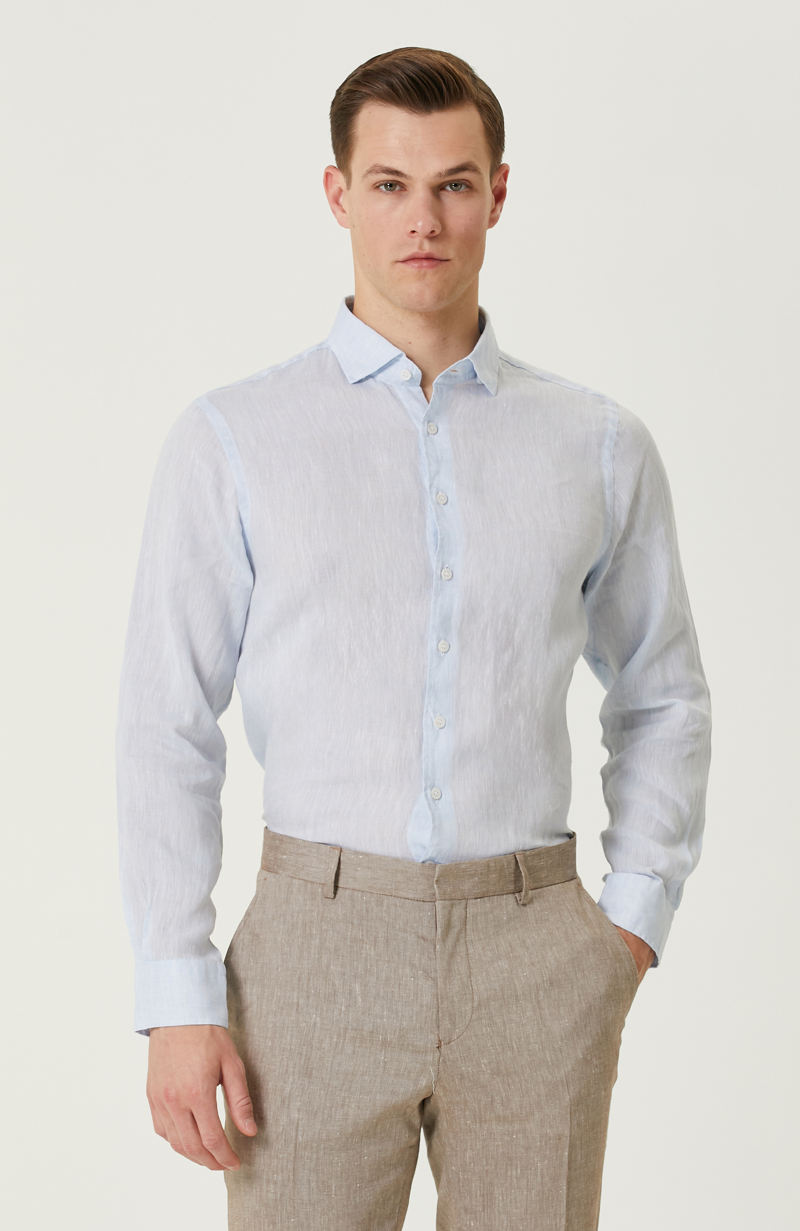 Açık Mavi Keten Gömlek