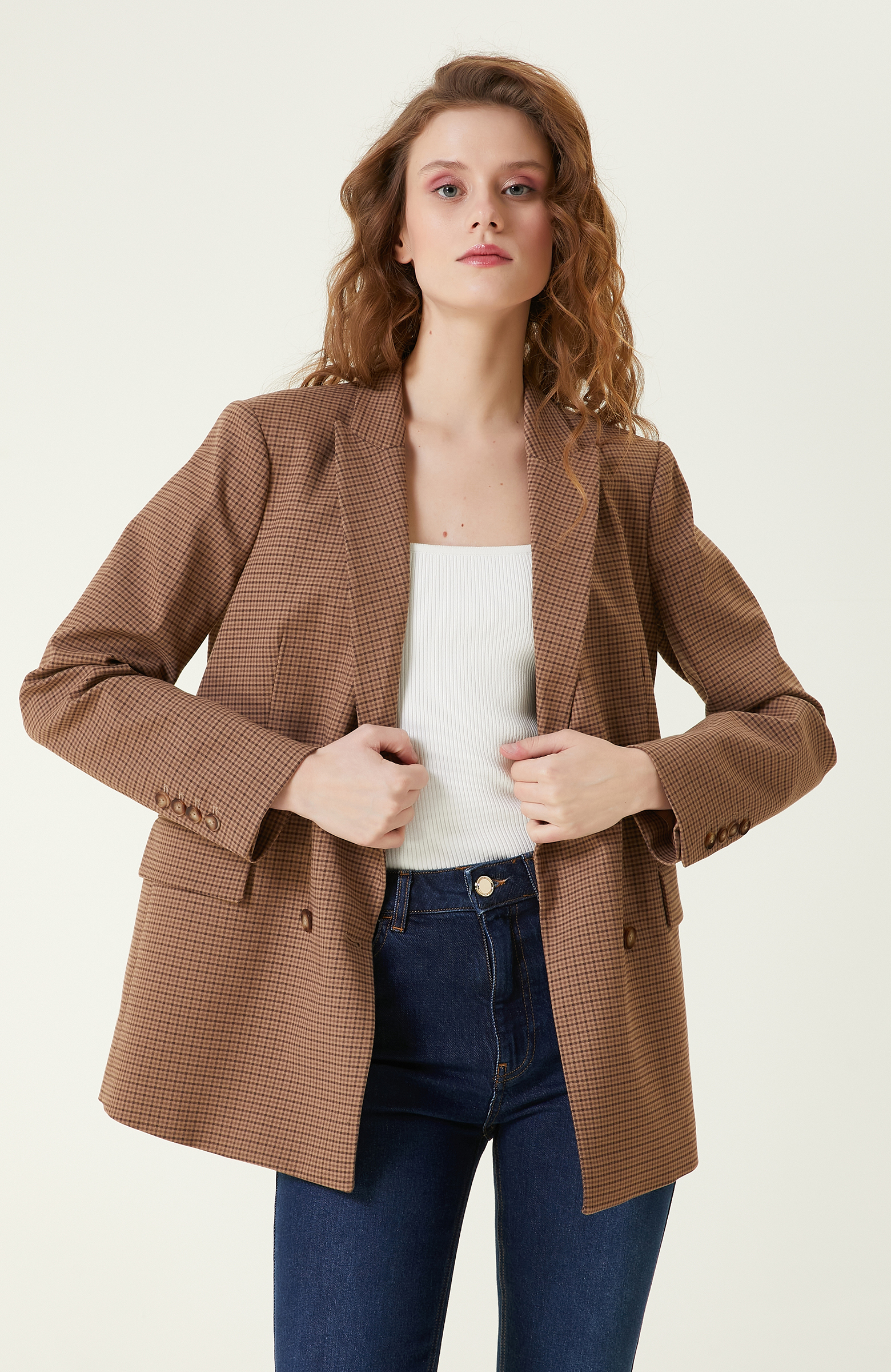 Camel Ekose Desenli Kruvaze Blazer Ceket