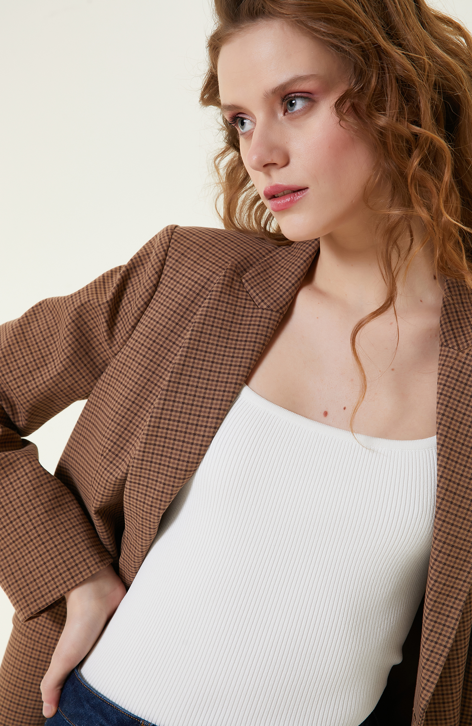 Camel Ekose Desenli Kruvaze Blazer Ceket