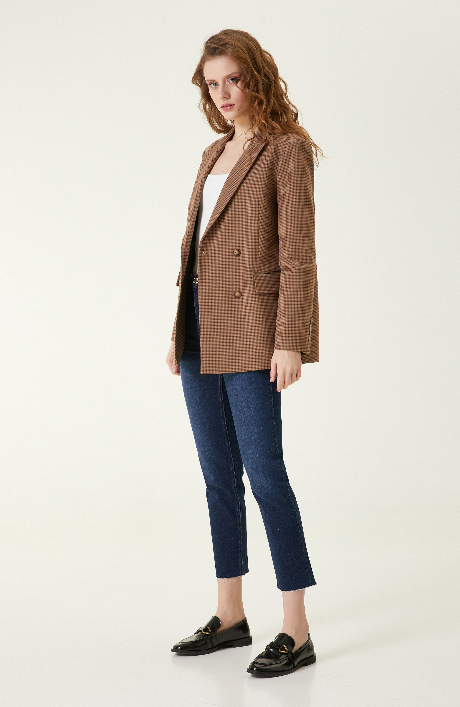 Camel Ekose Desenli Kruvaze Blazer Ceket