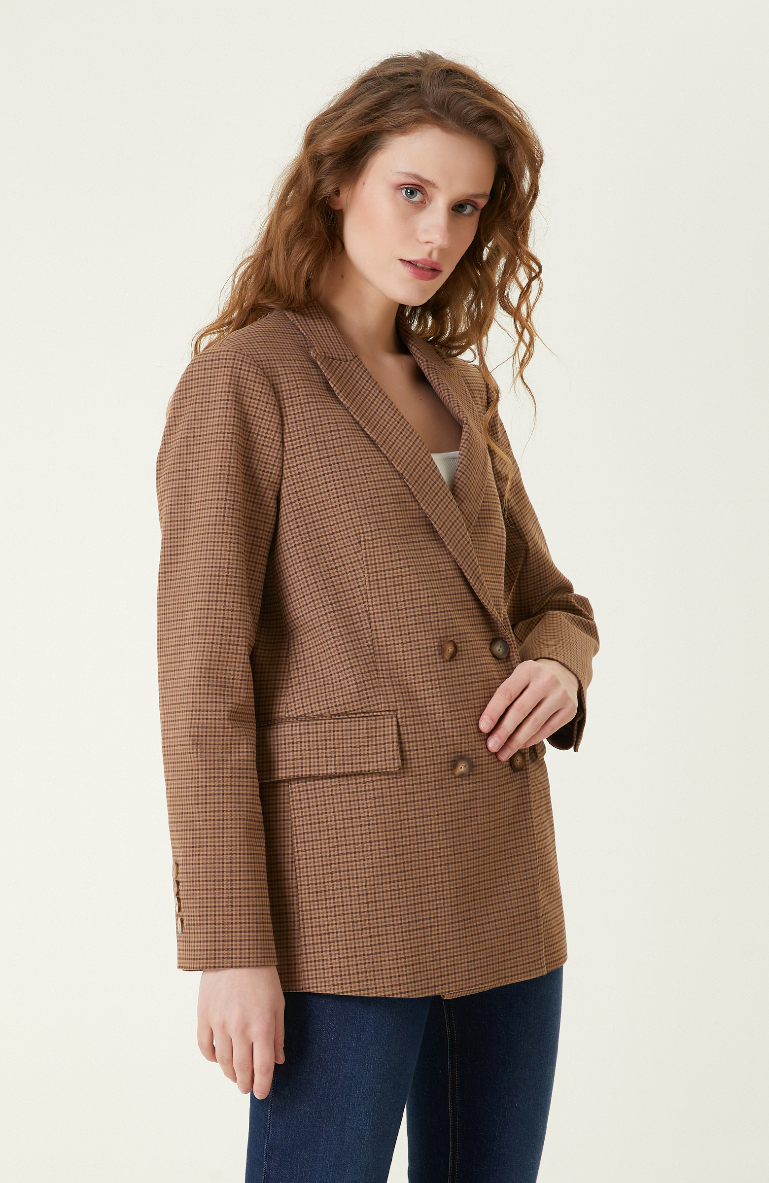 Camel Ekose Desenli Kruvaze Blazer Ceket