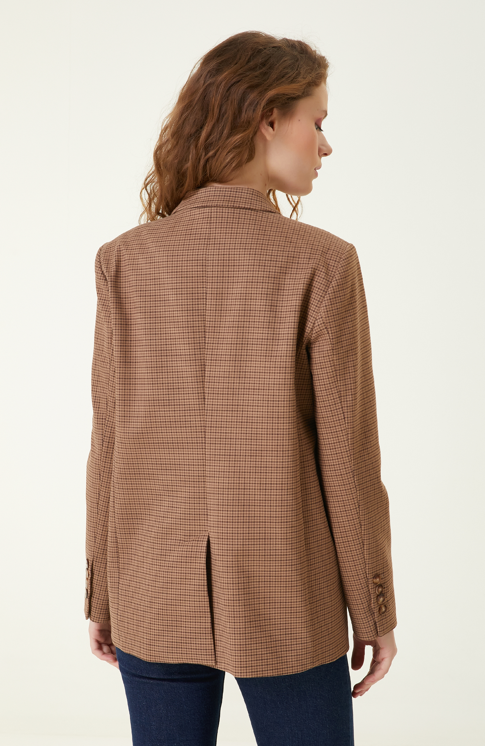 Camel Ekose Desenli Kruvaze Blazer Ceket