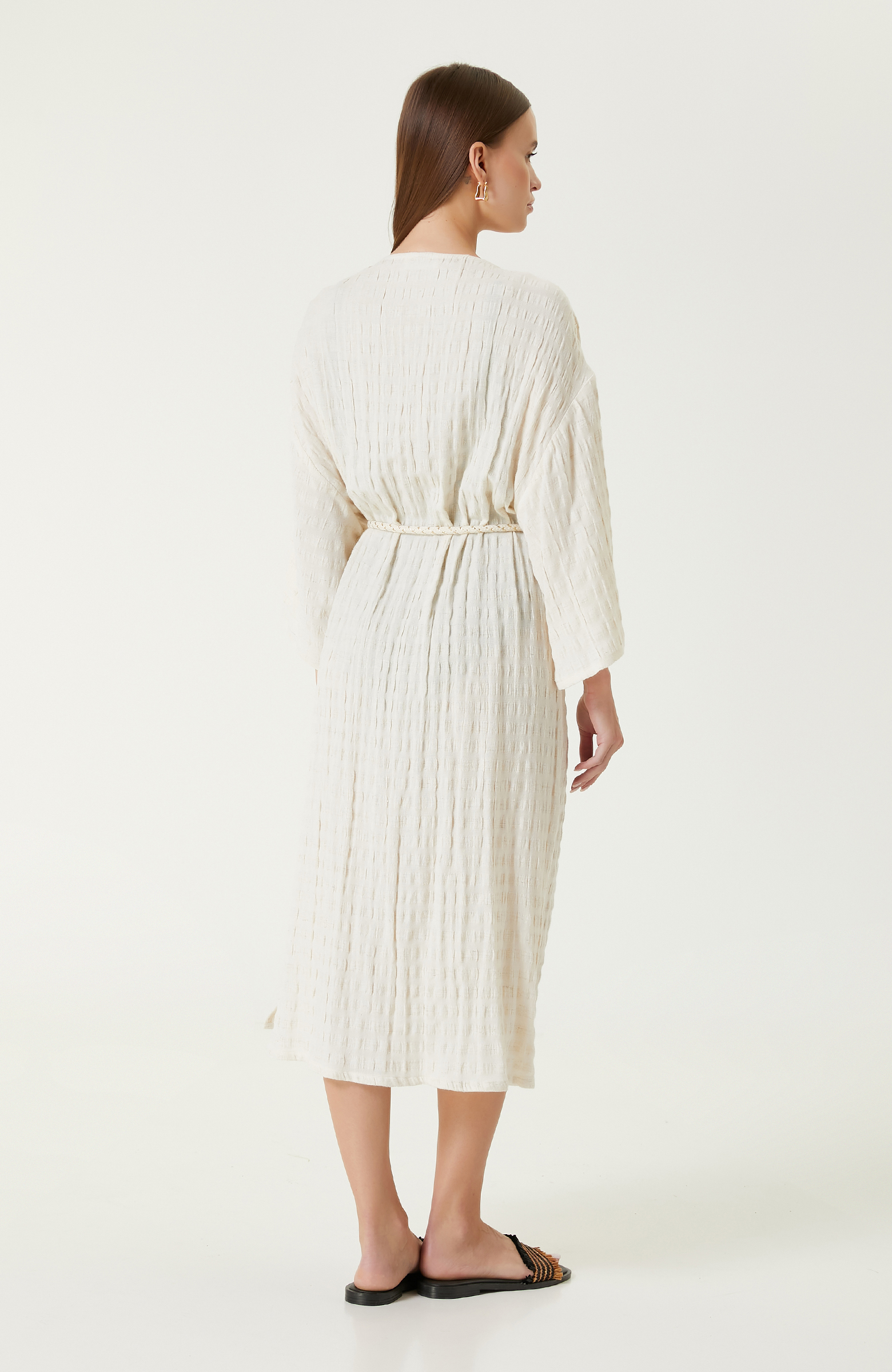 Ekru Bej Çizgili Kaftan