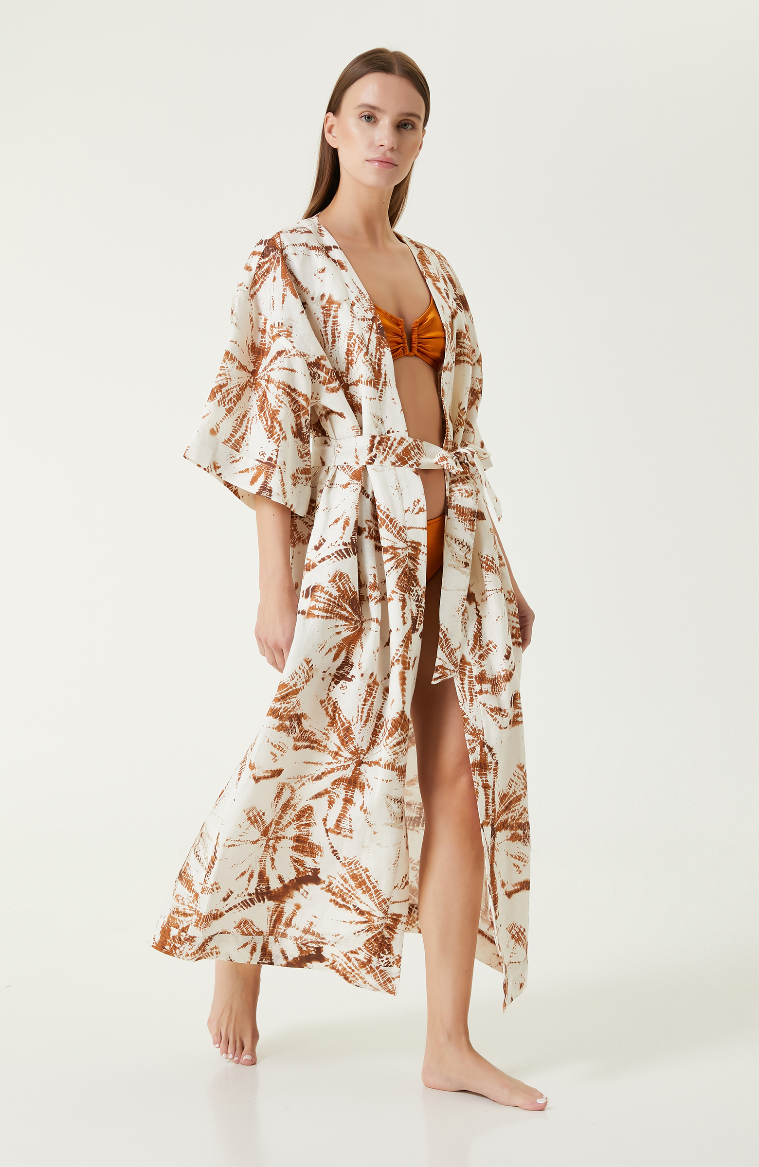 Ekru Kiremit Desenli Keten Kaftan